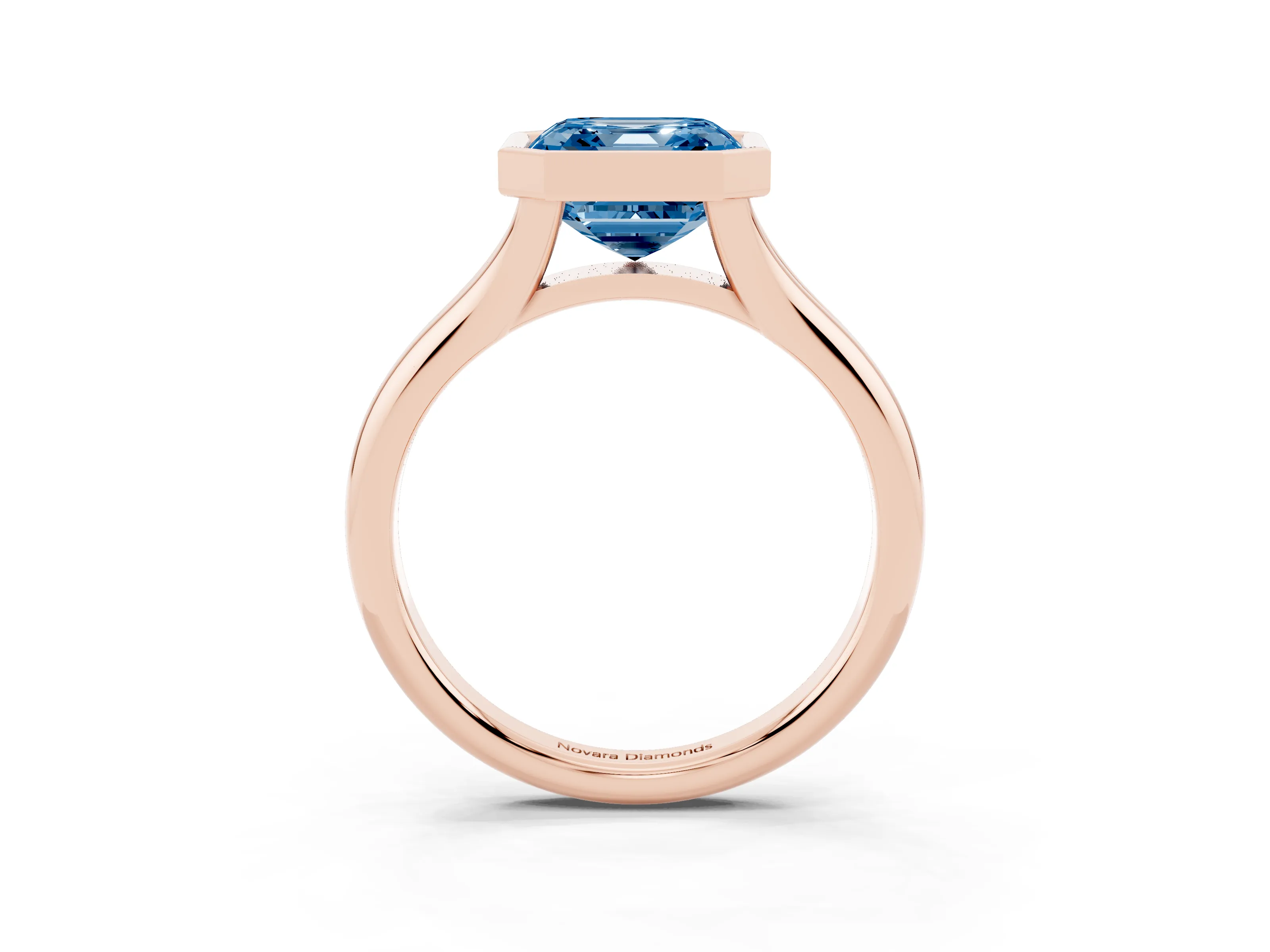 Fancy Blue Bezel Set Asscher Cut Diamond Solitaire Ring Set in Rose gold with Smooth Band