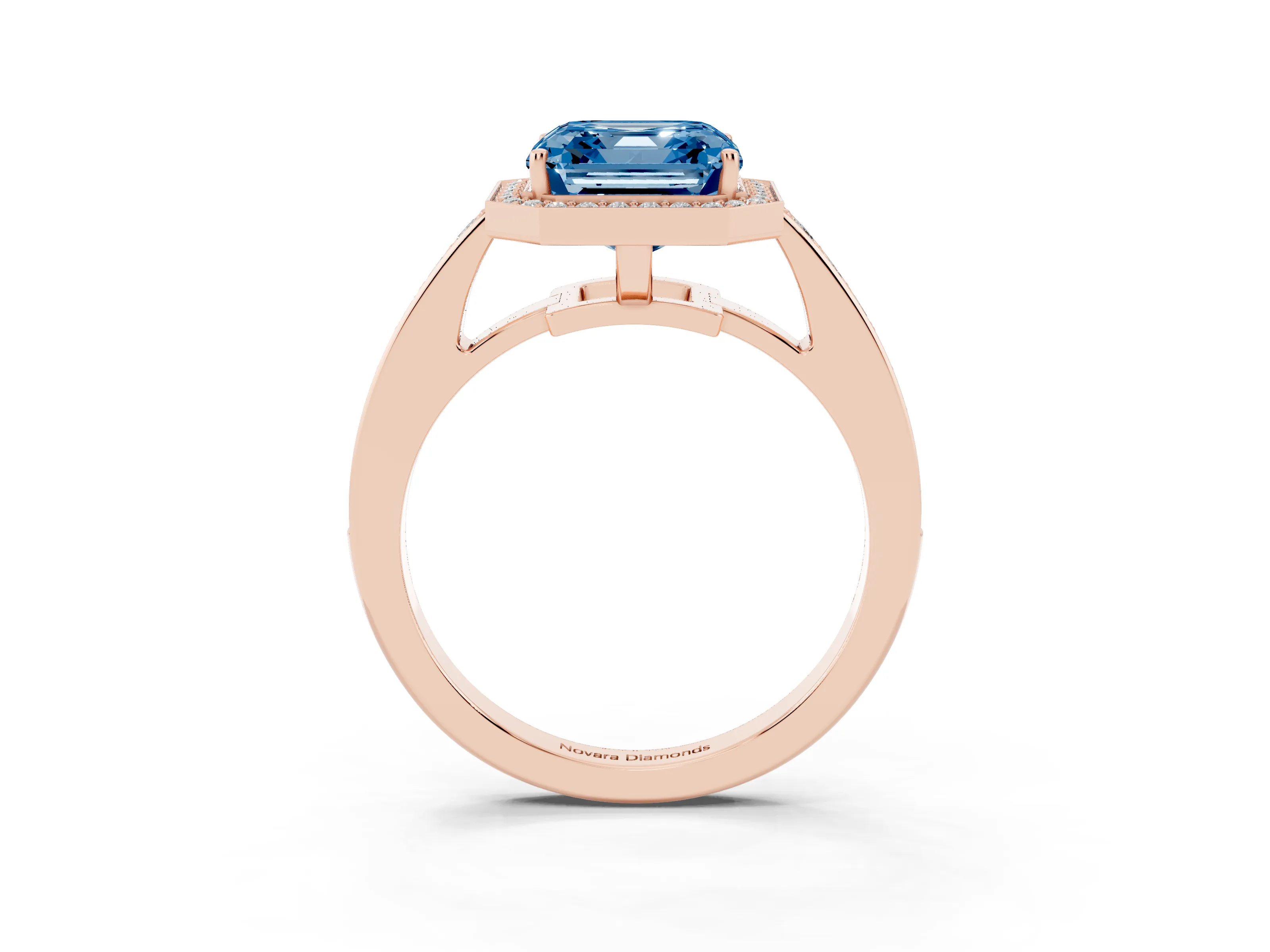 Fancy Blue Asscher Cut Diamond Halo Pavé Engagement Ring Set in Rose gold with Bezel Setting