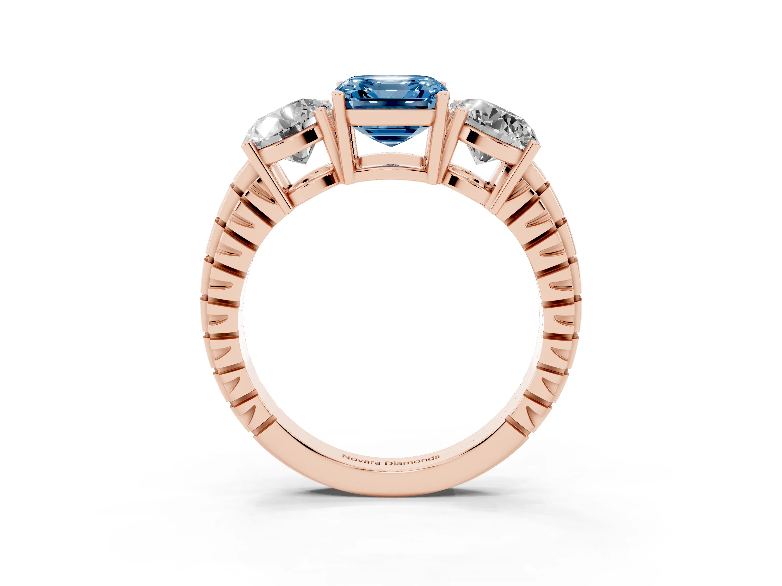 Fancy Blue Asscher Cut Diamond Three-Stone Ring Set in Rose gold with Channel-Set Accent Band