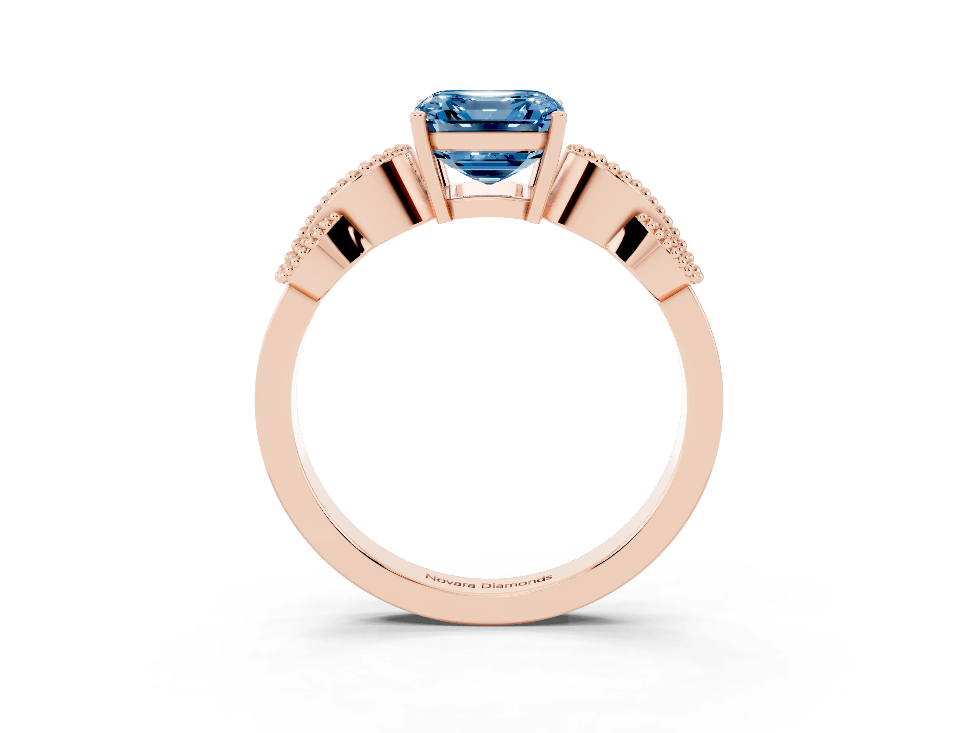 Fancy Blue Asscher Cut Diamond Milgrain Leaf Band Solitaire Ring Set in Rose gold with Accent Stones and Prong Setting