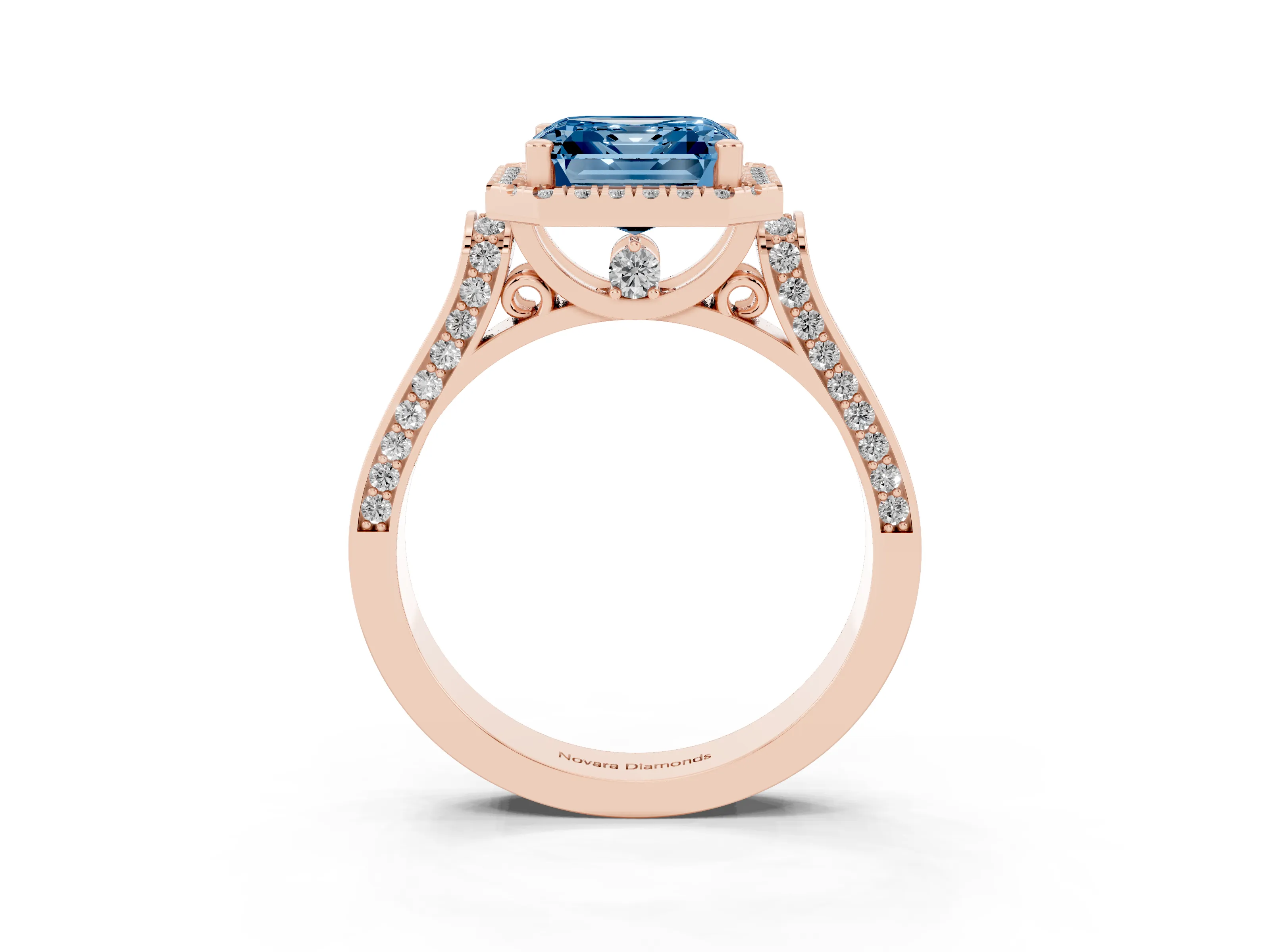 Fancy Blue Asscher Cut Diamond Halo Ring Set in Rose gold with Pavé-Lined Split Shank Band