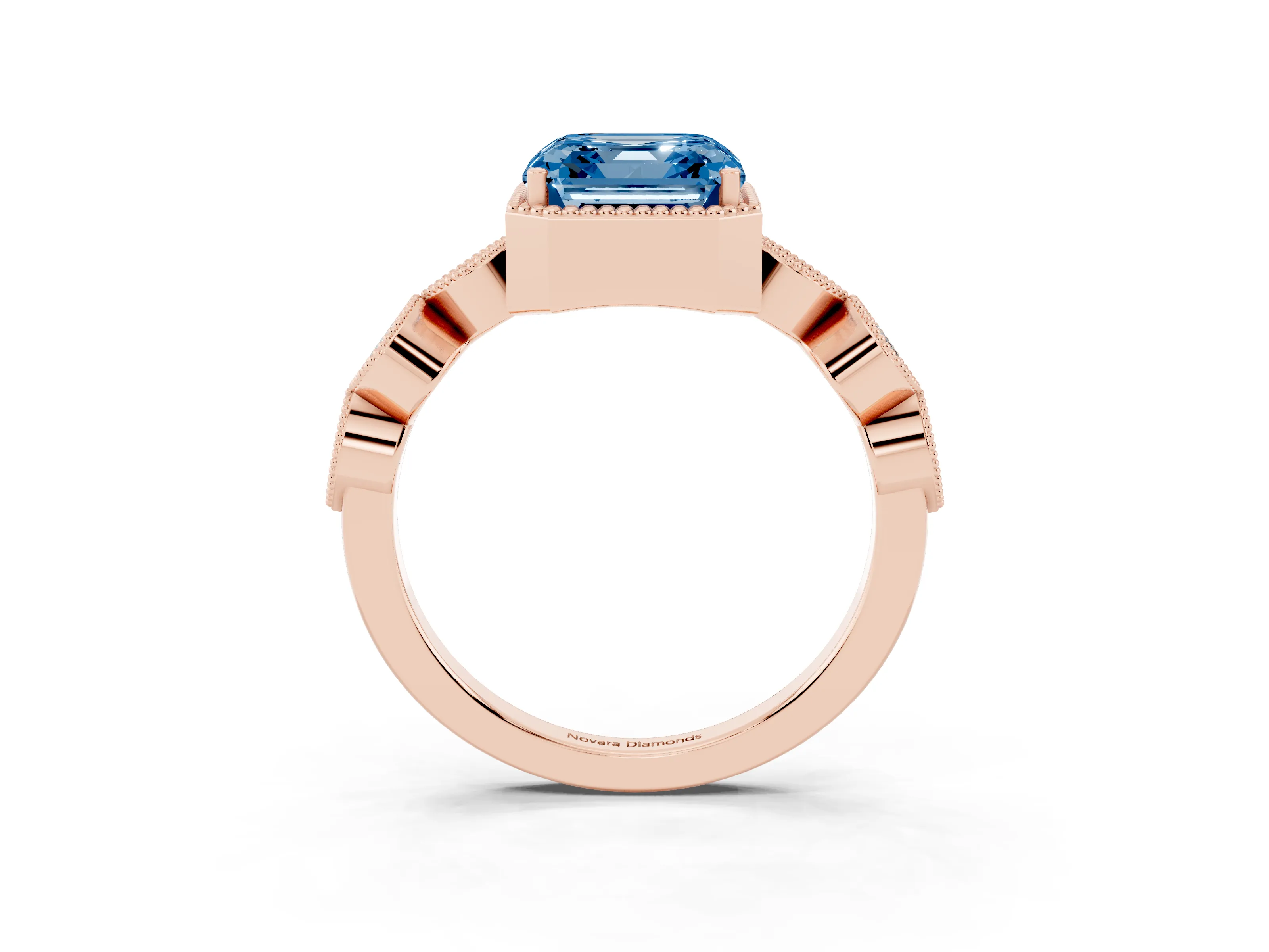Fancy Blue Asscher Cut Diamond Vintage-Inspired Milgrain Ring Set in Rose gold with Marquise Stations of Round Accents