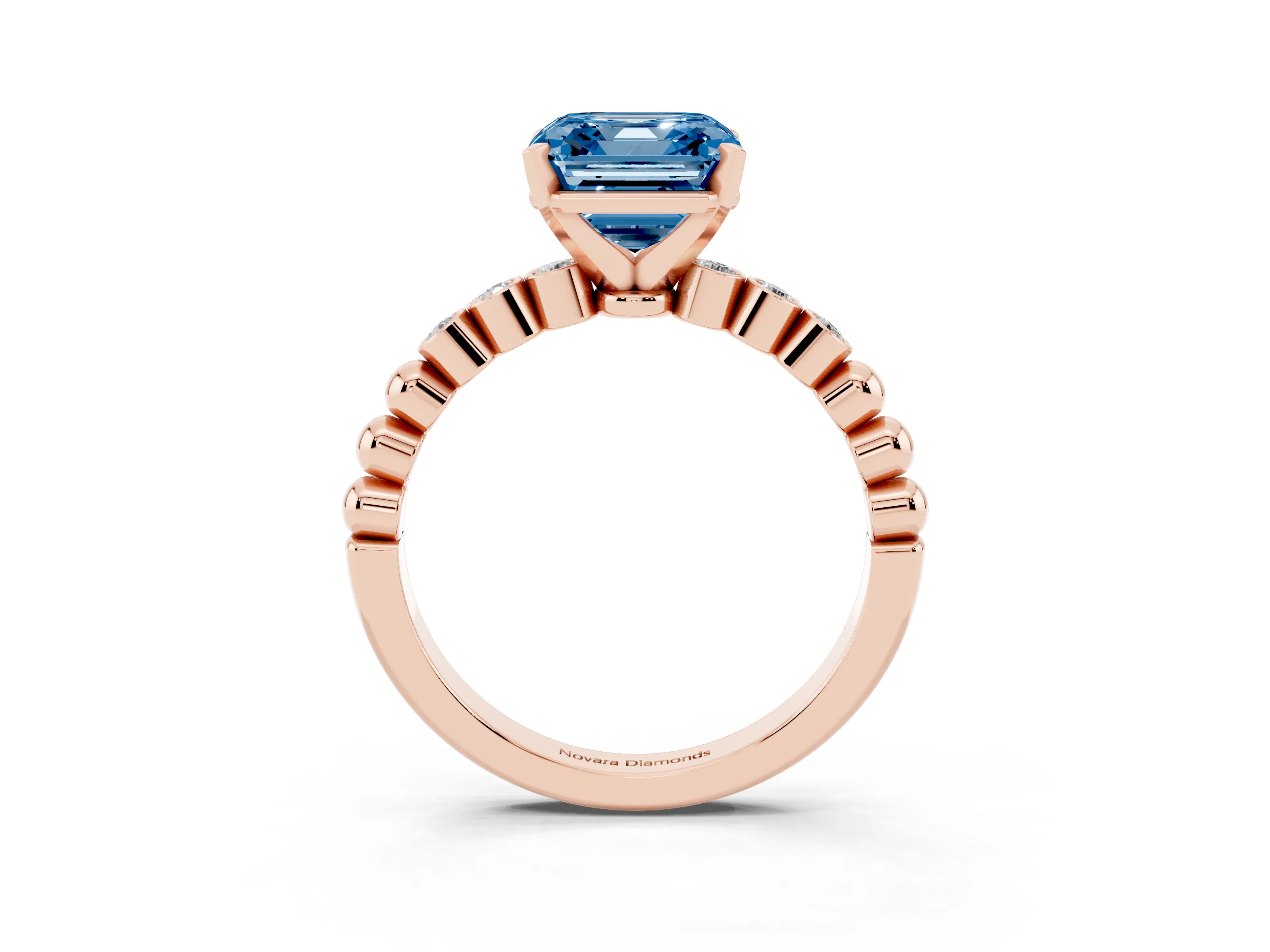 Fancy Blue Asscher Cut Diamond Solitaire Engagement Ring Set in Rose gold with Bezel Accents on Beaded Band