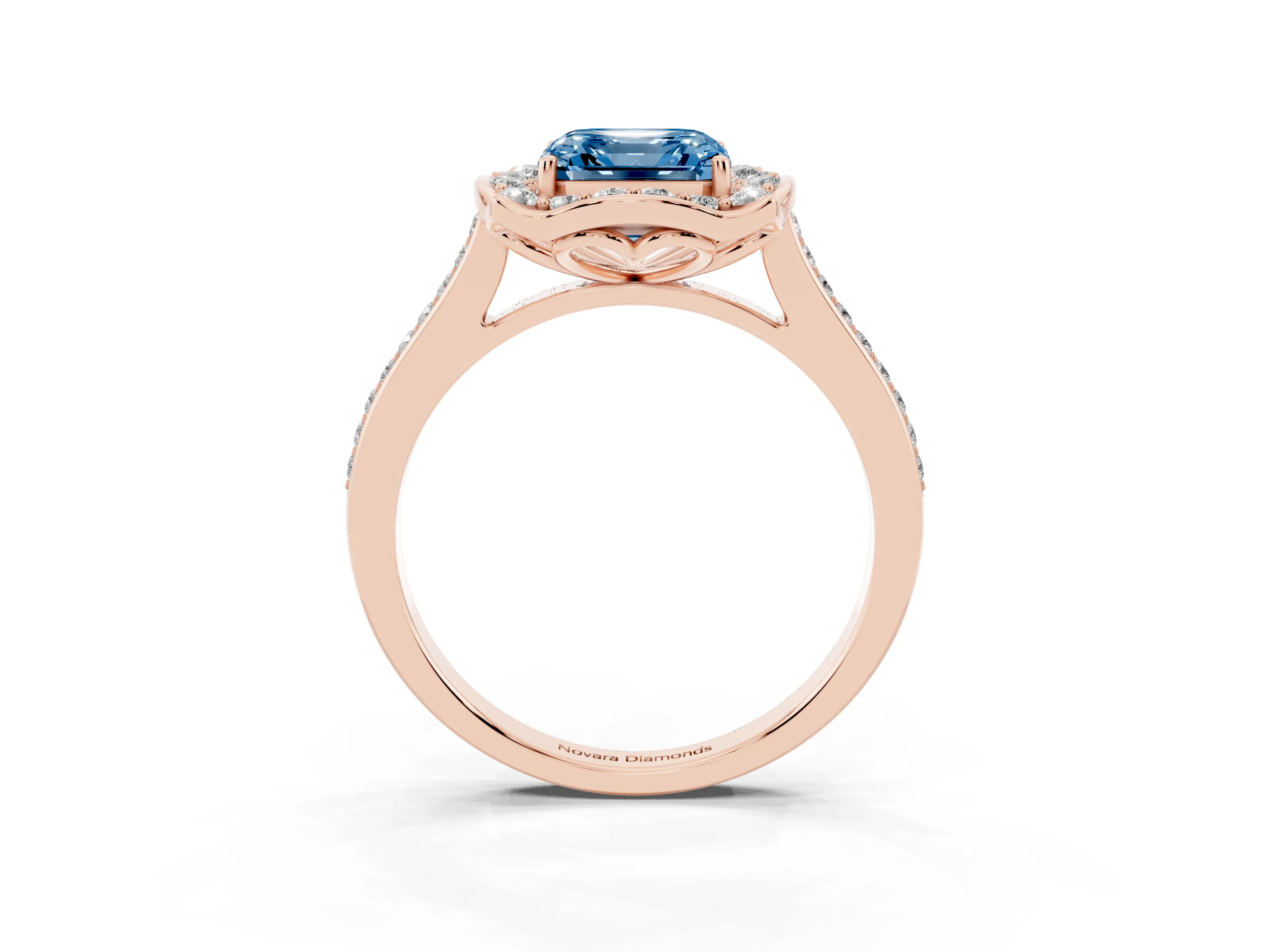 Fancy Blue Asscher Cut Diamond Halo Ring Set in Rose gold with Pavé-Lined Shoulders and Prong Setting