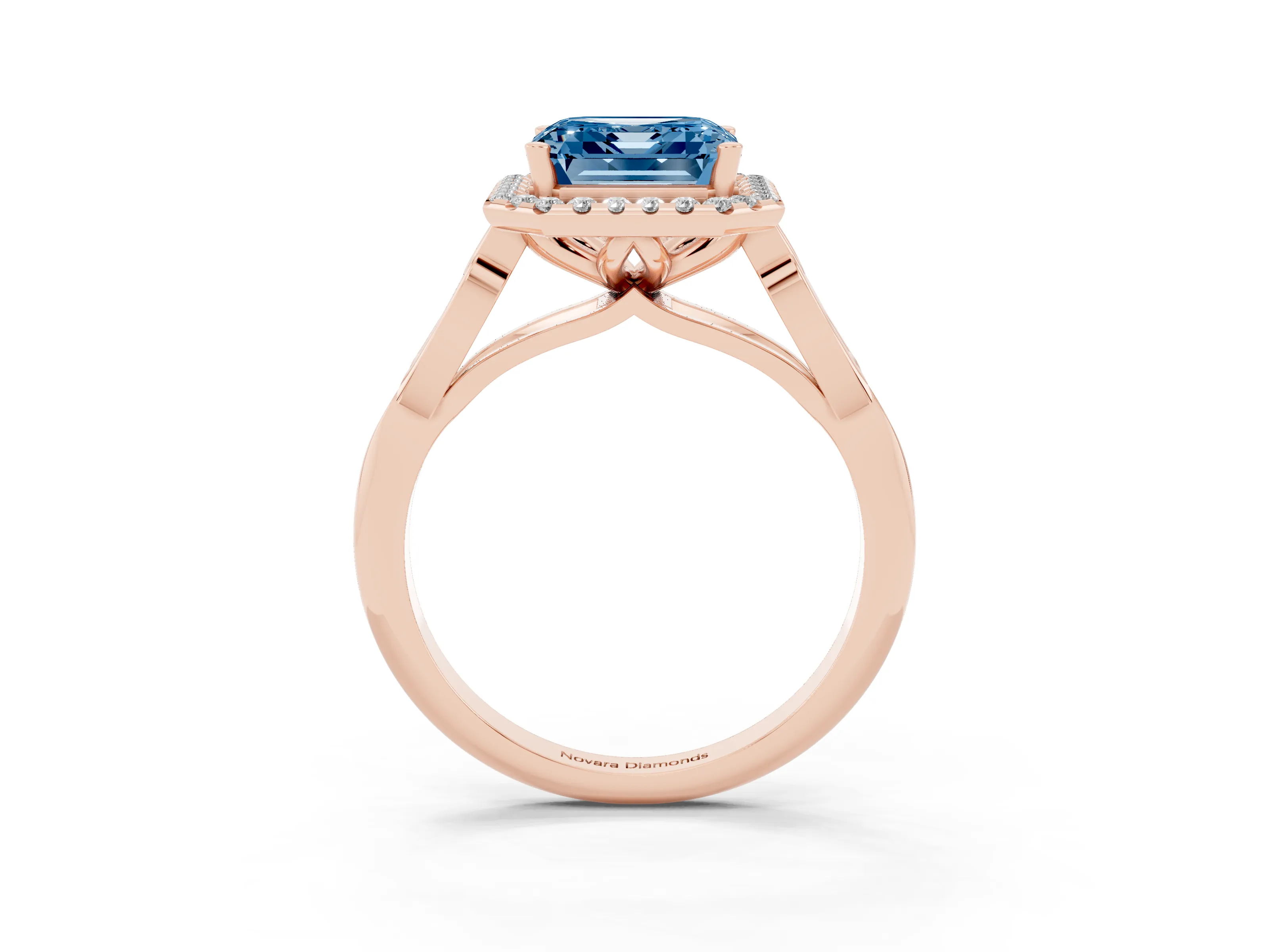 Fancy Blue Asscher Cut Diamond Halo Engagement Ring Set in Rose gold with Filigree Band and Prong-Set Center
