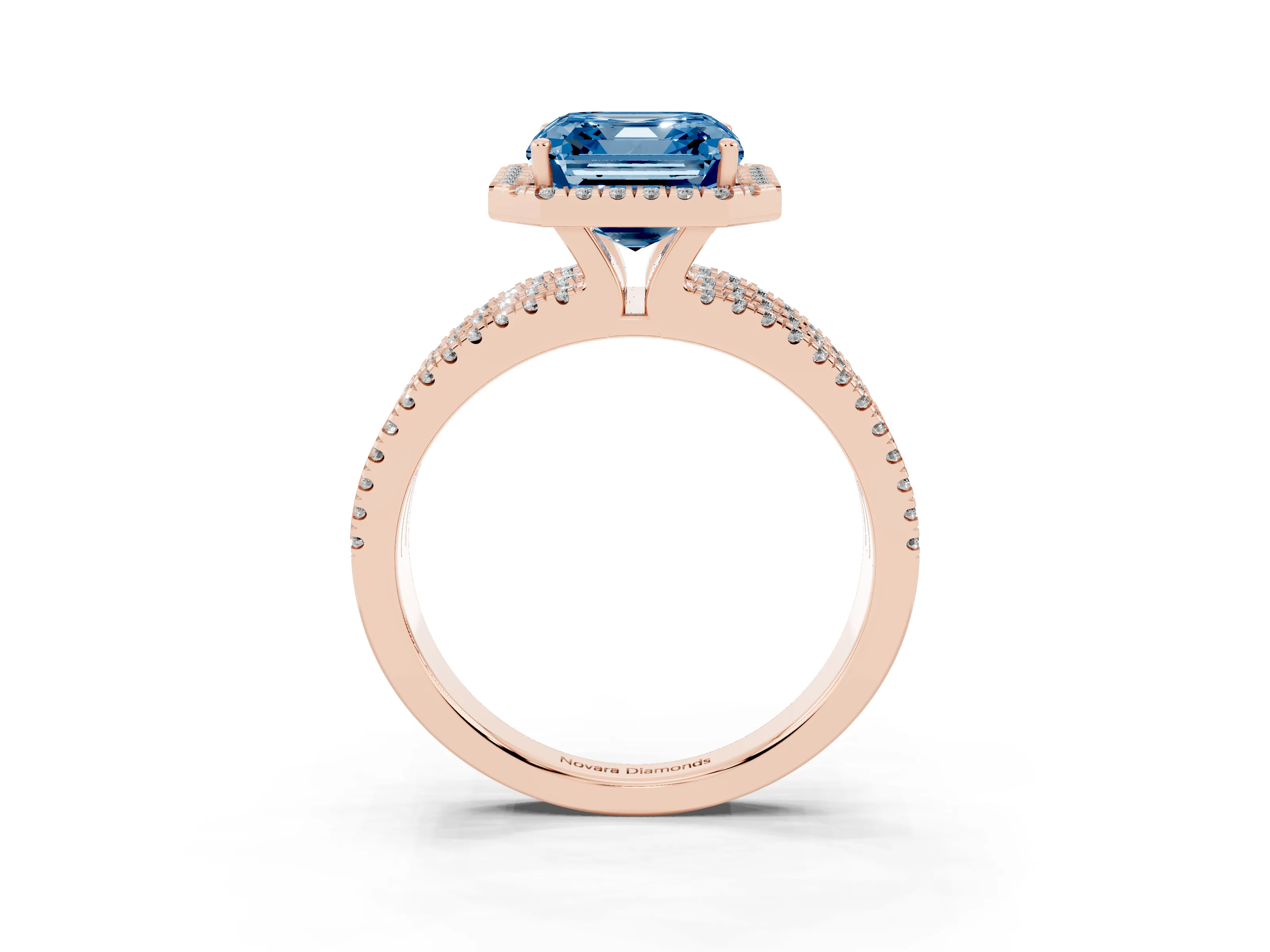 Fancy Blue Asscher Cut Diamond Halo Split Shank Engagement Ring Set in Rose gold with Prong Setting