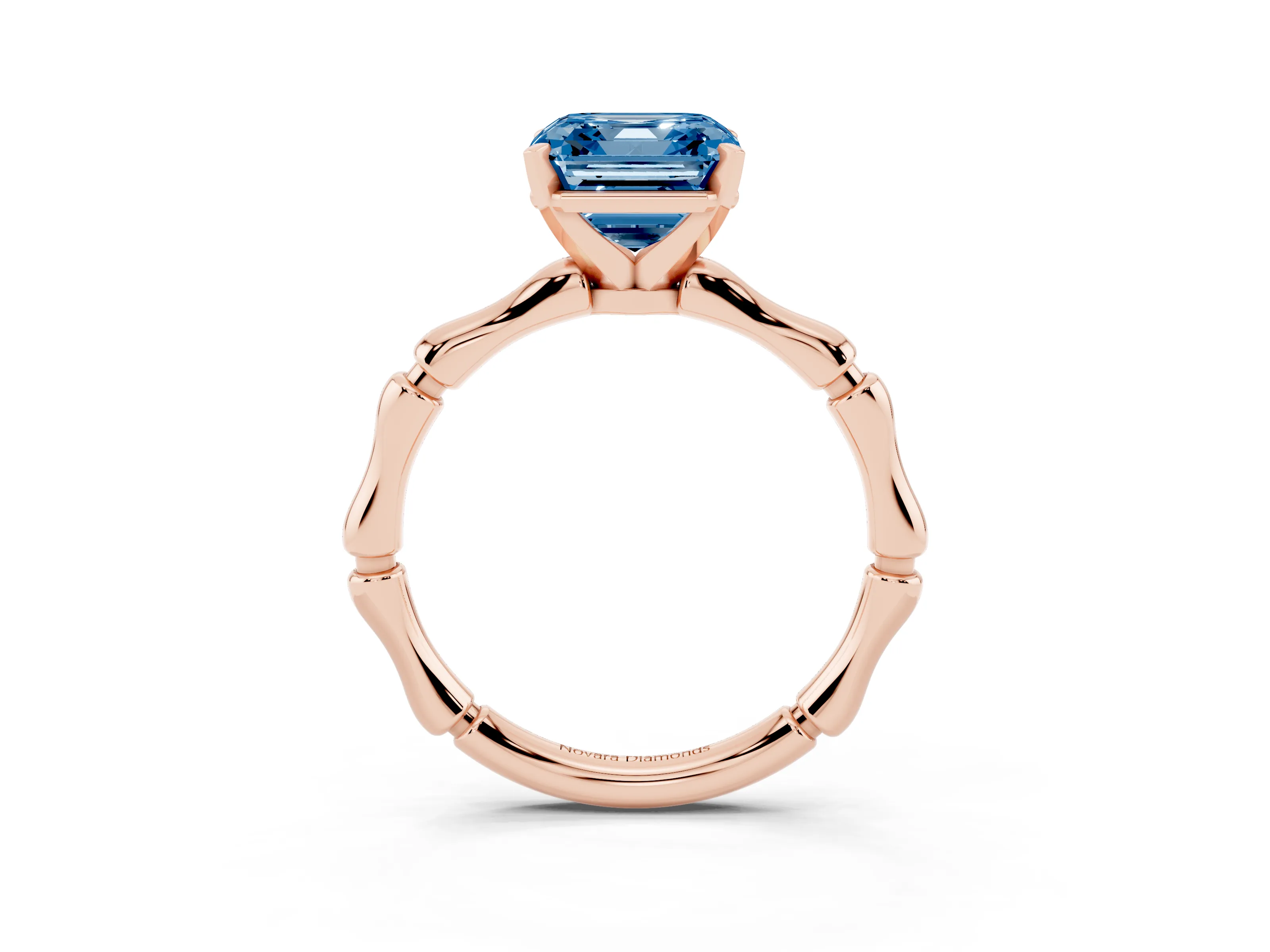 Fancy Blue Asscher Cut Diamond Solitaire Ring Set in Rose gold with Bamboo Band and Prong Setting
