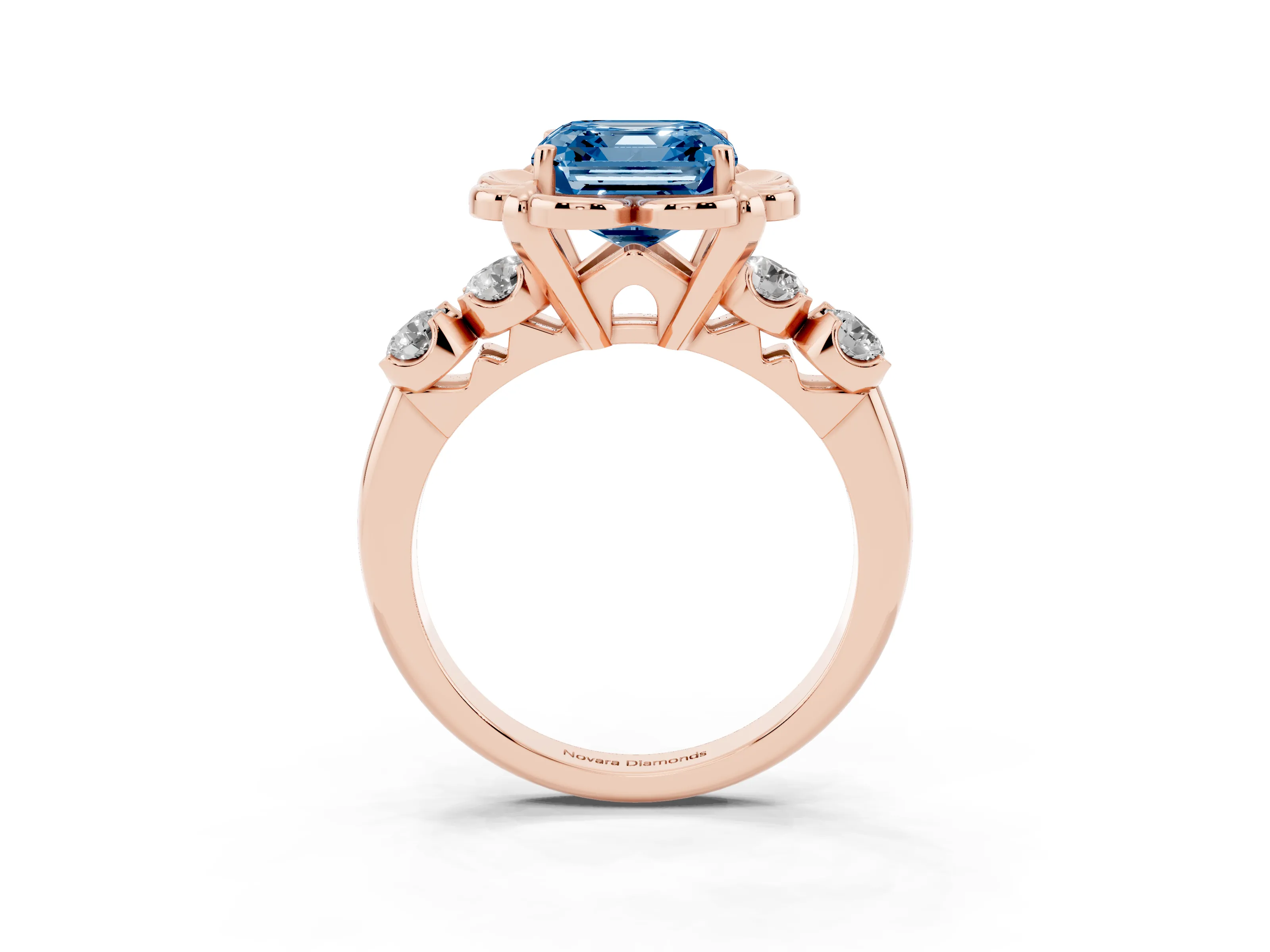 Fancy Blue Asscher Cut Diamond Floral Halo Ring Set in Rose gold with Shared Prong Band