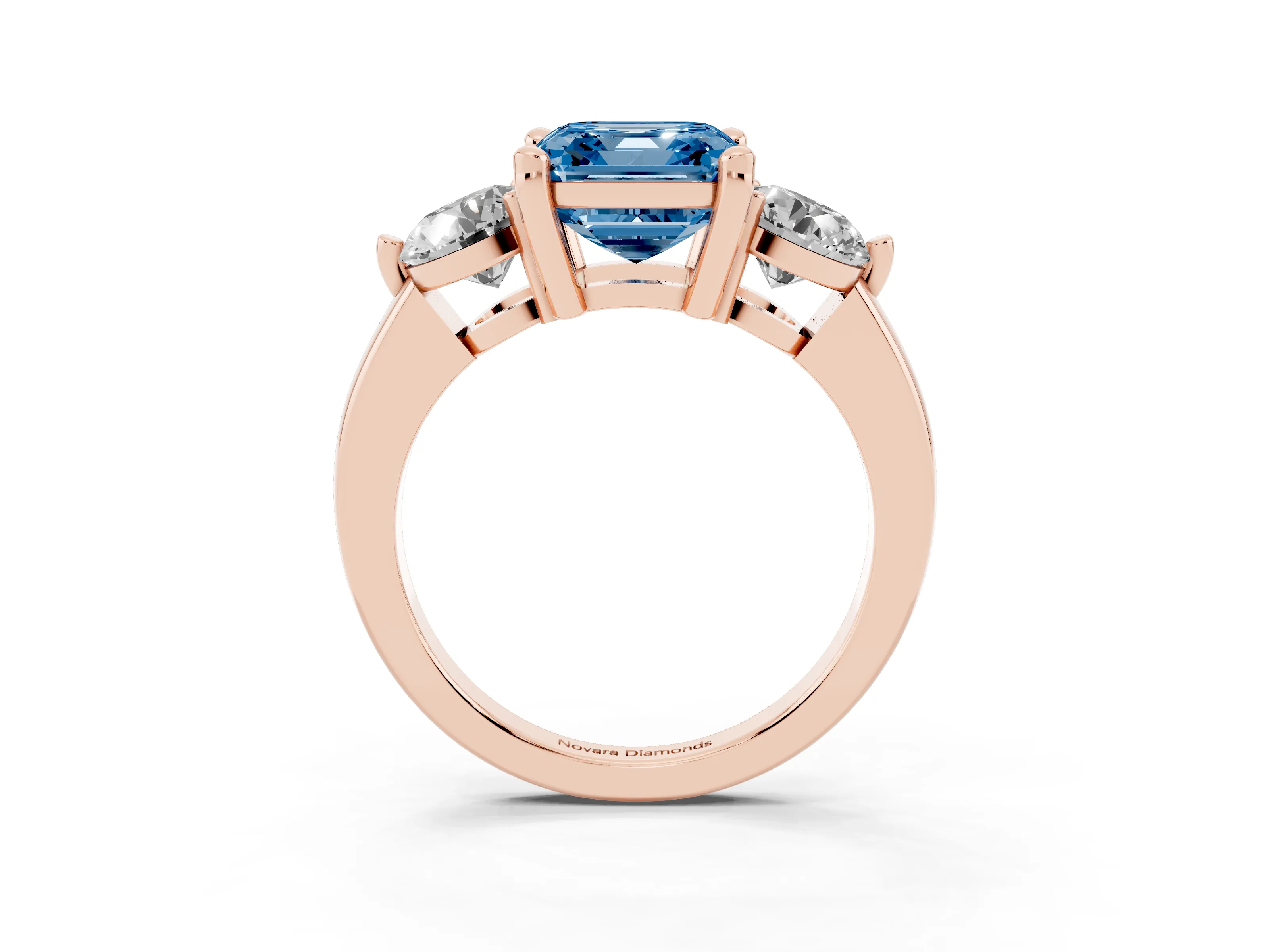 Fancy Blue Asscher Cut Diamond Three-Stone Ring Set in Rose gold with Prong Setting and Classic Band