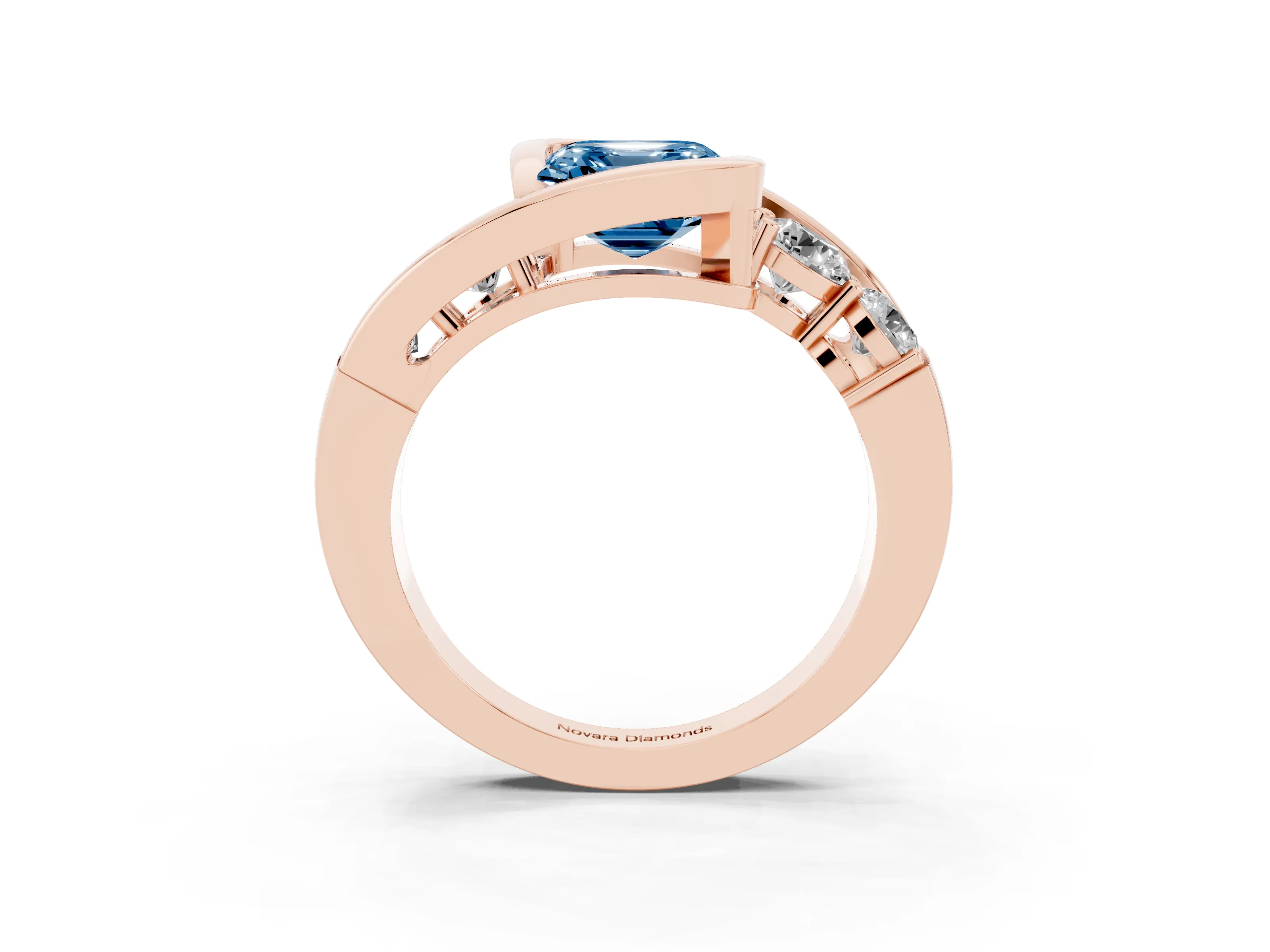 Fancy Blue Asscher Cut Diamond Bezel Bypass Ring Set in Rose gold with Round Accents
