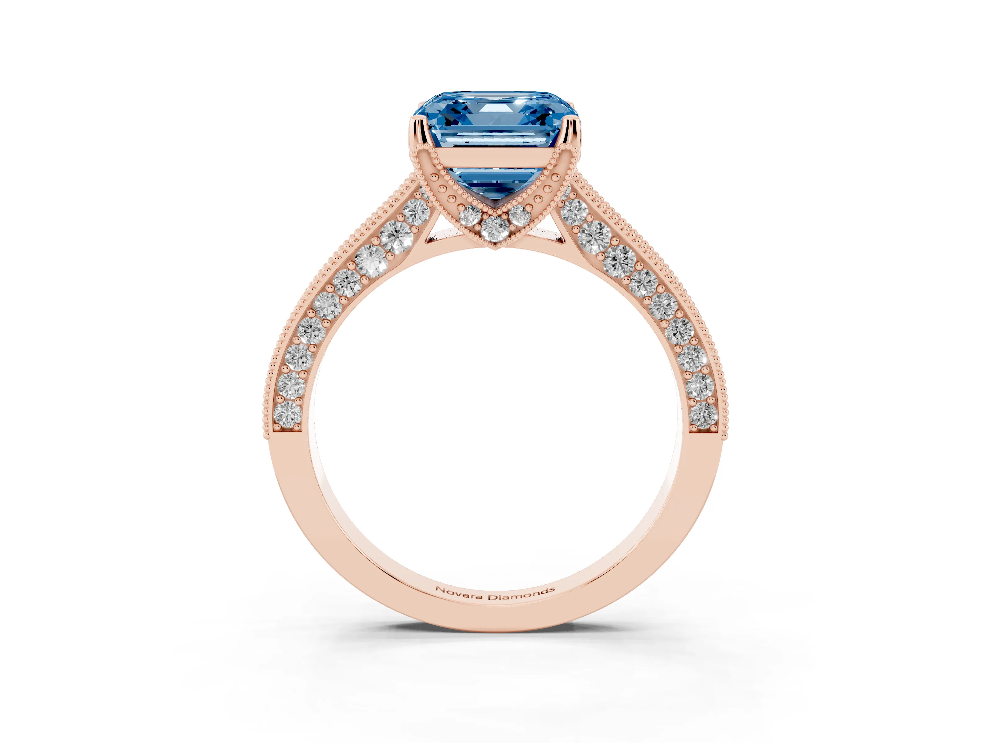 Fancy Blue Asscher Cut Diamond Solitaire Ring Set in Rose gold with Milgrain-Edged Pavé Band and Prong Setting