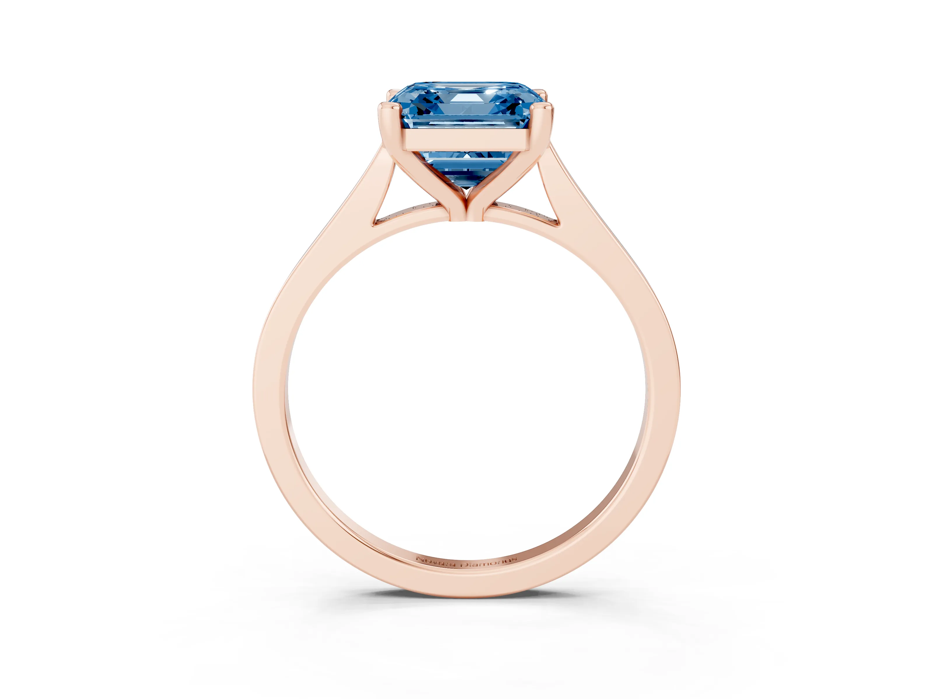 Fancy Blue Asscher Cut Diamond Solitaire Ring Set in Rose gold with Prong Setting and Tapered Band