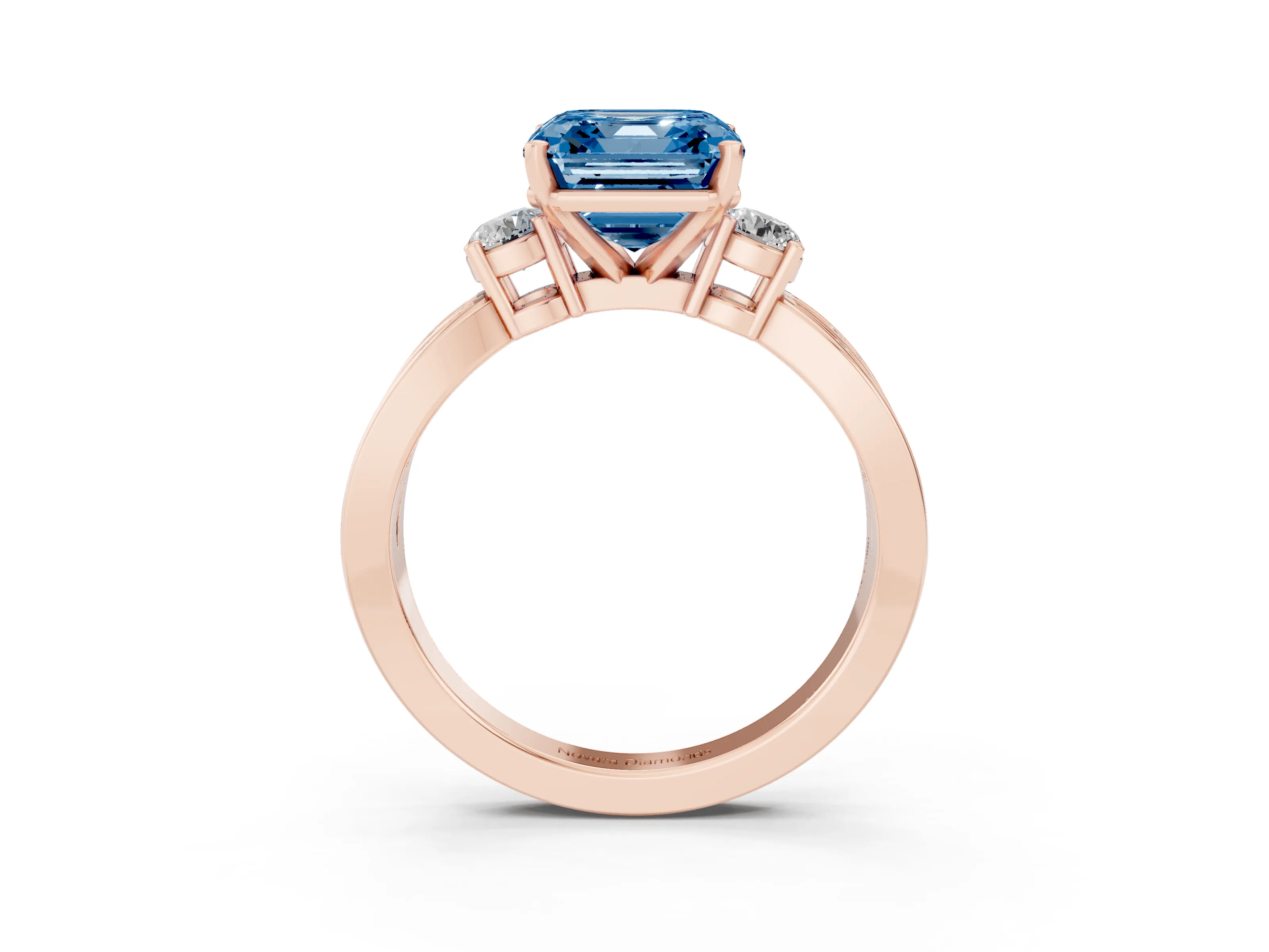 Fancy Blue Three-Stone Asscher Cut Diamond Twist Band Ring Set in Rose gold with Pavé Accents and Prong Setting