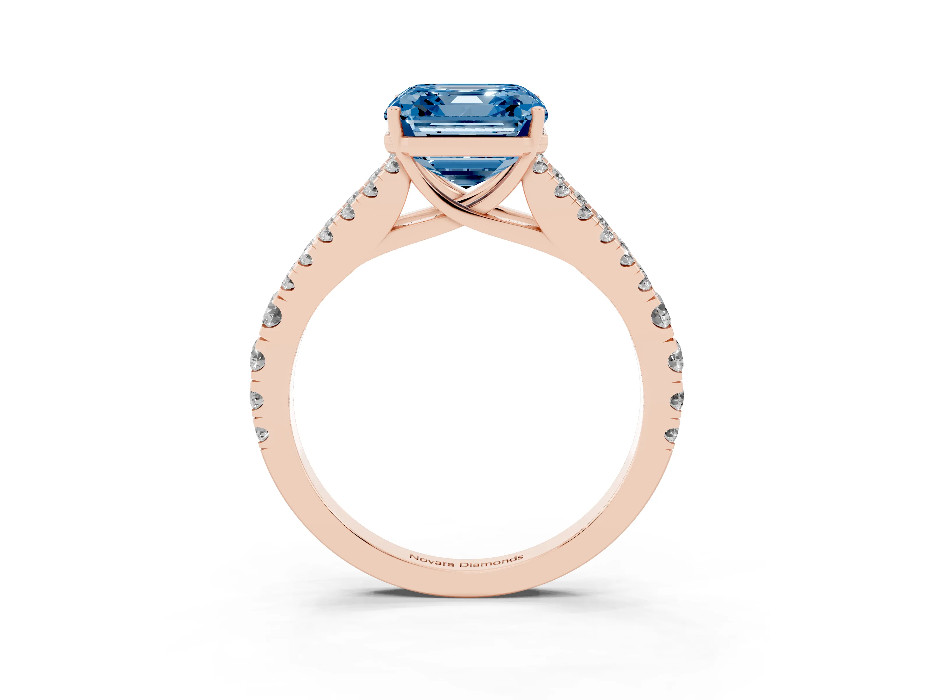 Fancy Blue Asscher Cut Diamond Split Shank Pavé Engagement Ring Set in Rose gold with Prong-Held Center Stone