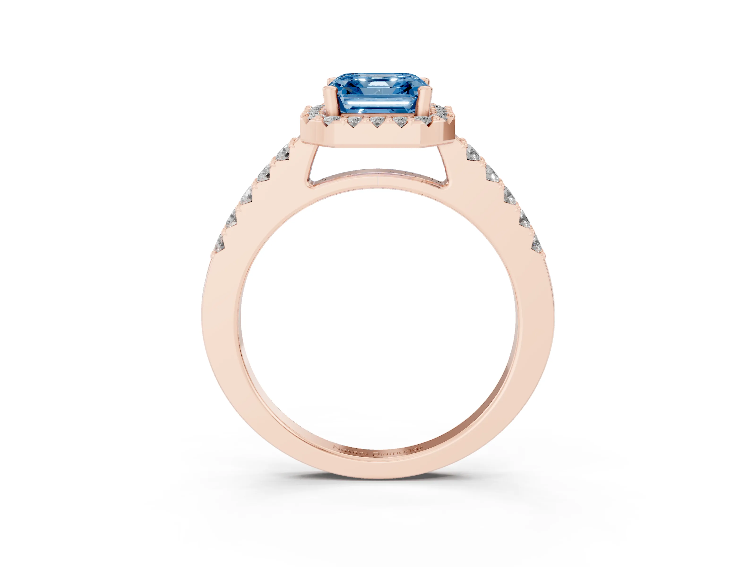 Fancy Blue Asscher Cut Diamond Halo Pavé Solitaire Ring Set in Rose gold with Prong-Set Center Stone