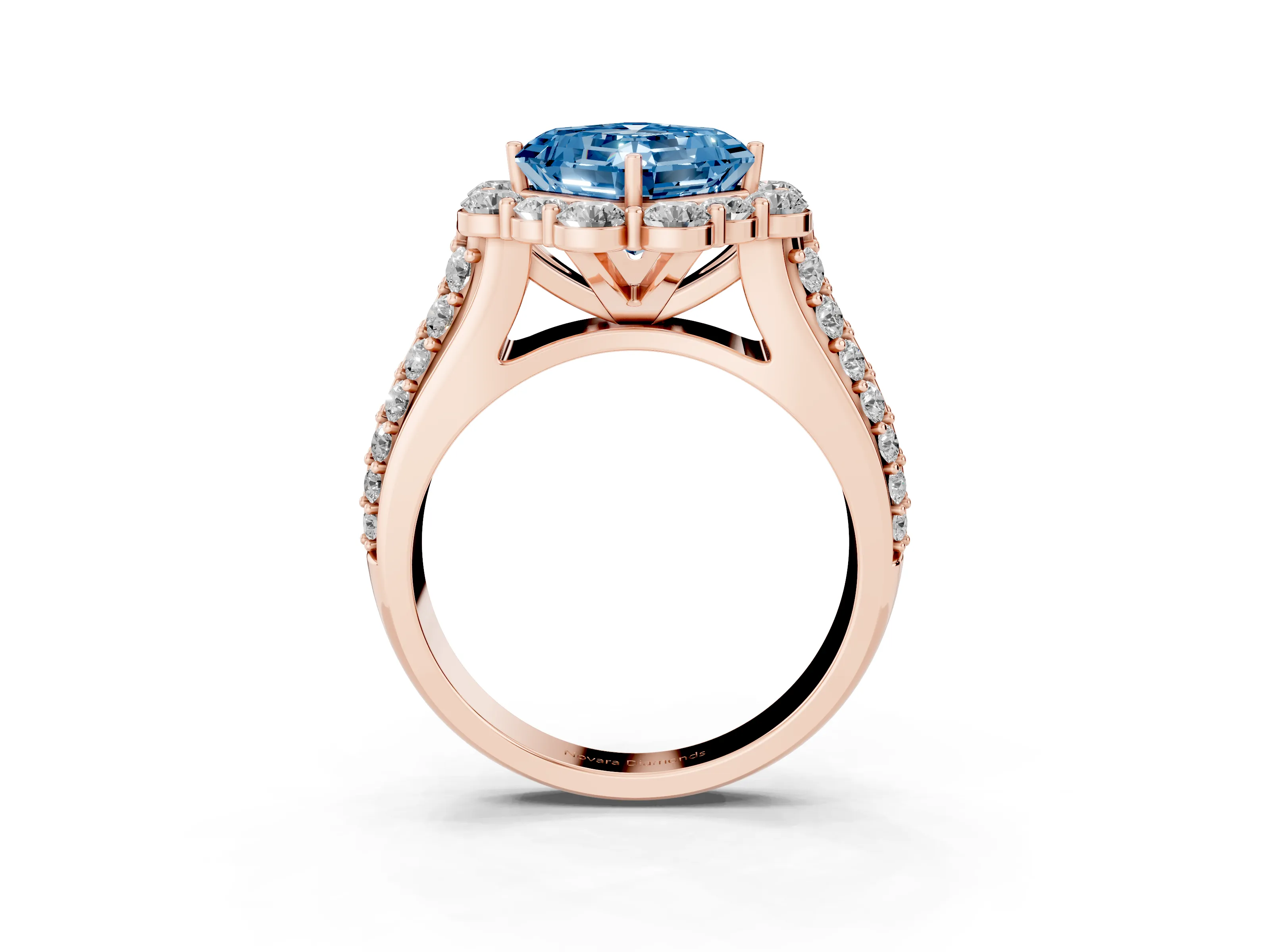 Fancy Blue Asscher Cut Diamond Halo Engagement Ring Set in Rose gold with Split Shank and Prong Setting