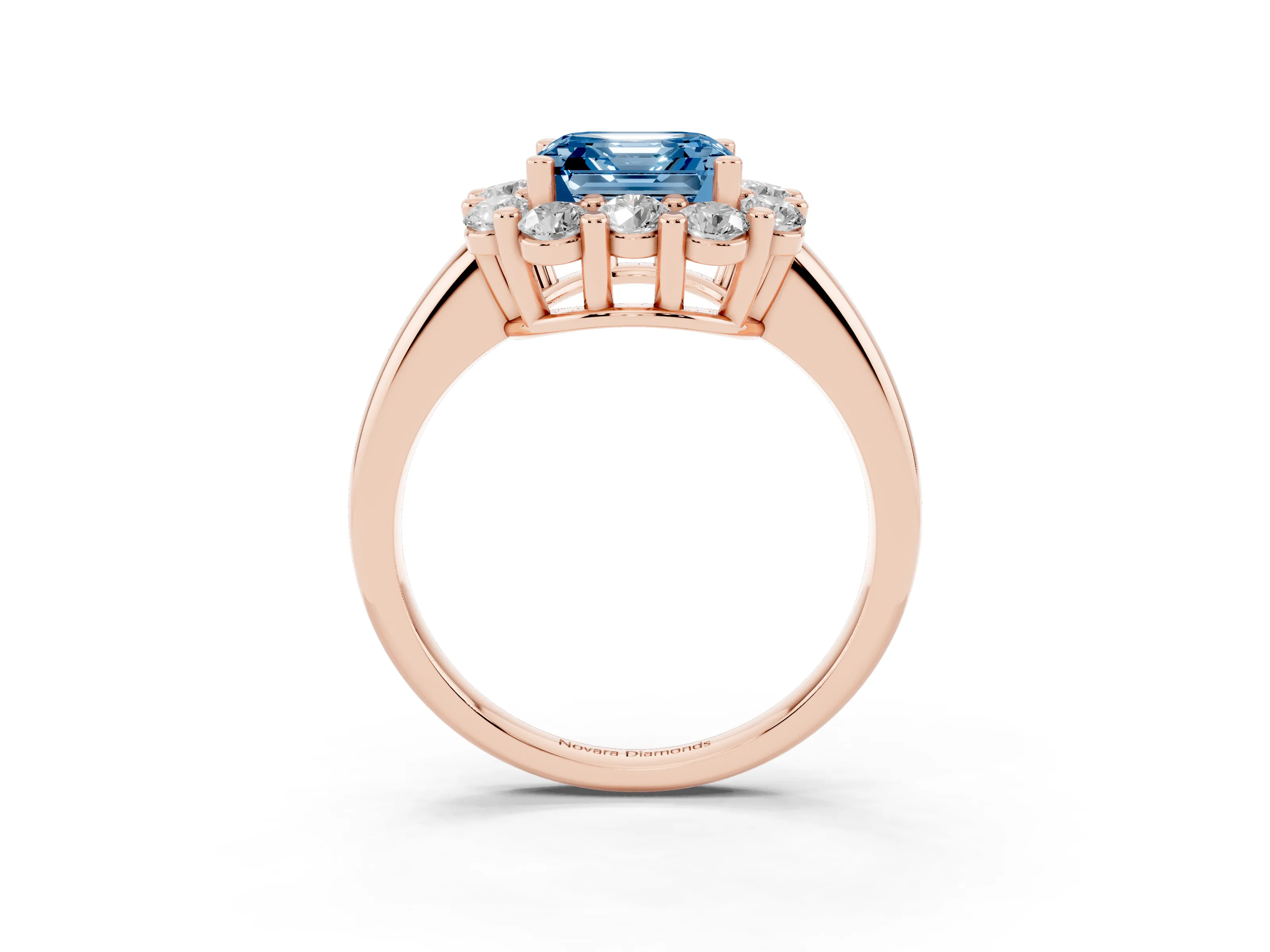 Fancy Blue Asscher Cut Diamond Halo Cluster Engagement Ring Set in Rose gold with Polished Band and Prong Setting