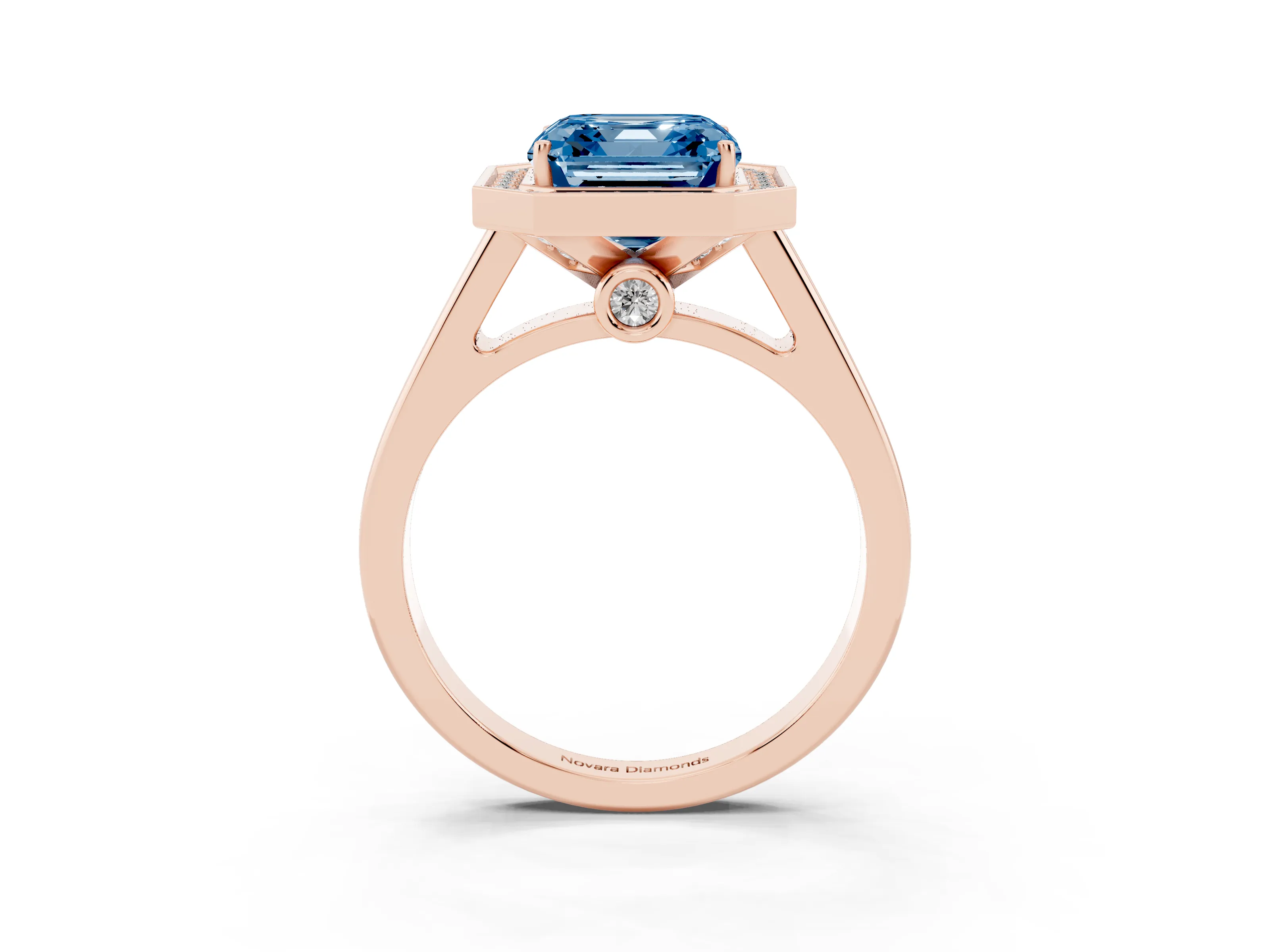 Fancy Blue Asscher Cut Diamond Halo Solitaire Ring Set in Rose gold with Pavé Band and Bezel Setting