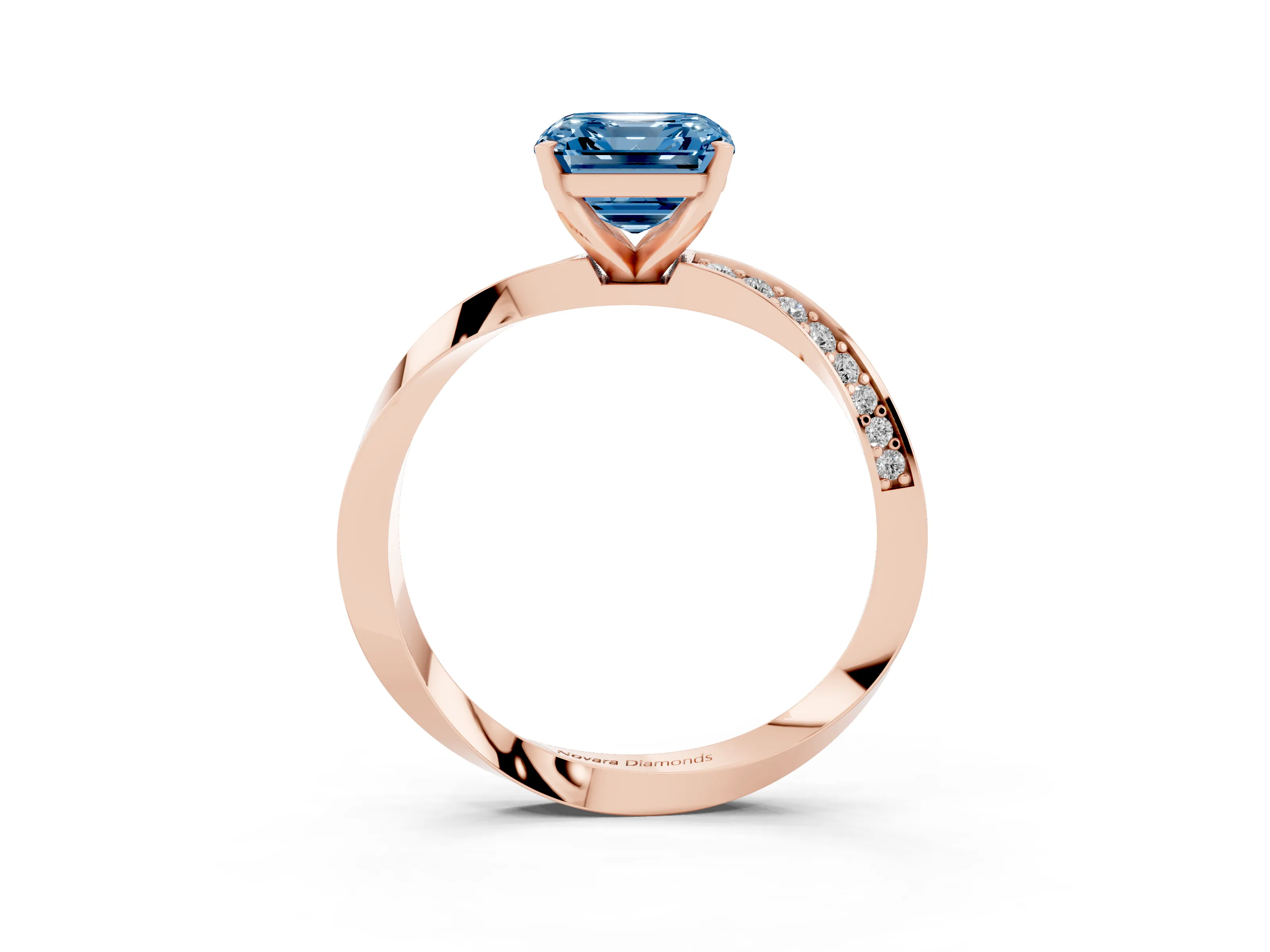 Fancy Blue Asscher Cut Diamond Engagement Ring Set in Rose gold with Side Stone Accents and Prong Setting