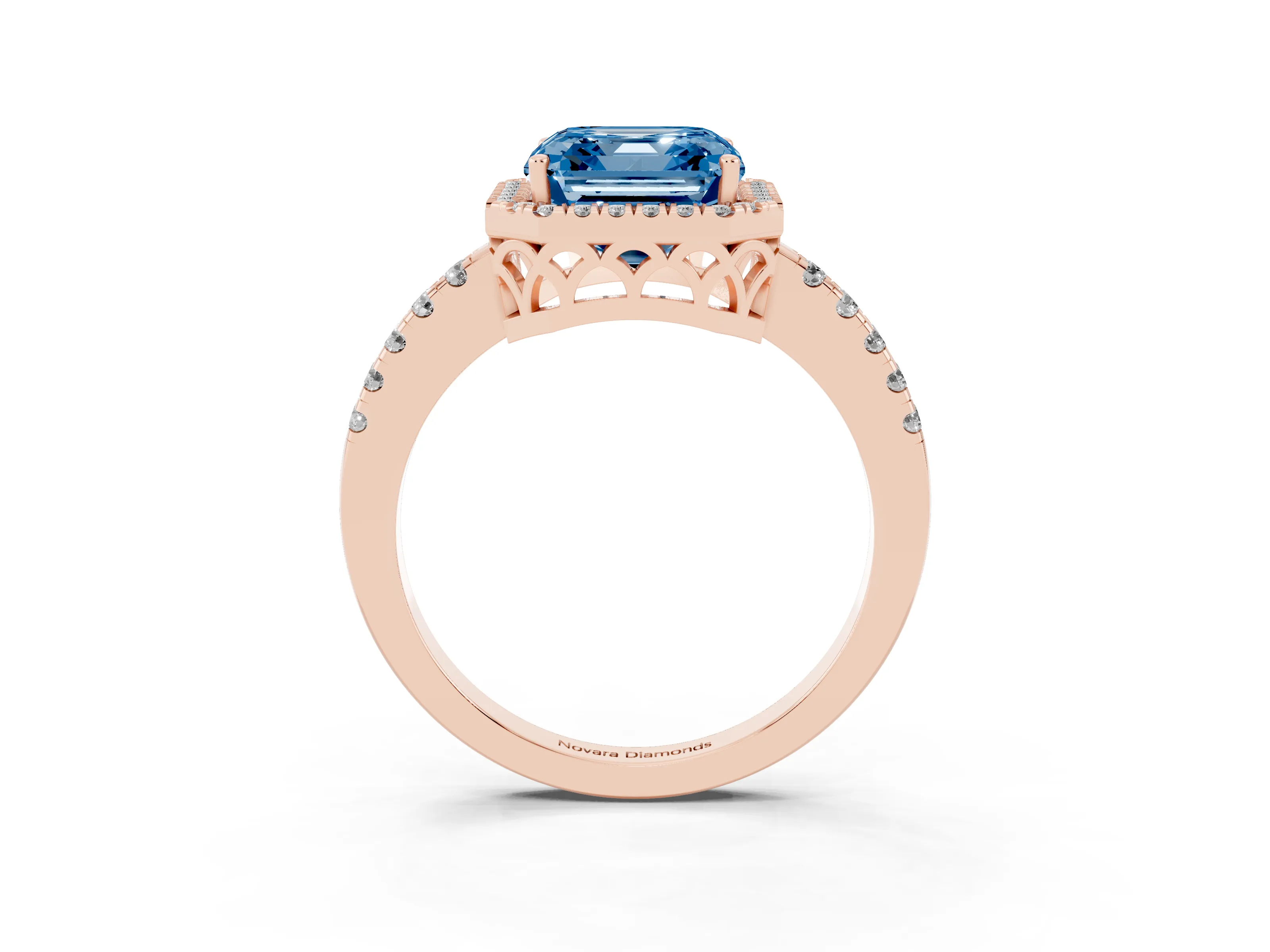 Fancy Blue Asscher Cut Diamond Pavé Band Halo Engagement Ring Set in Rose gold with Prong Setting
