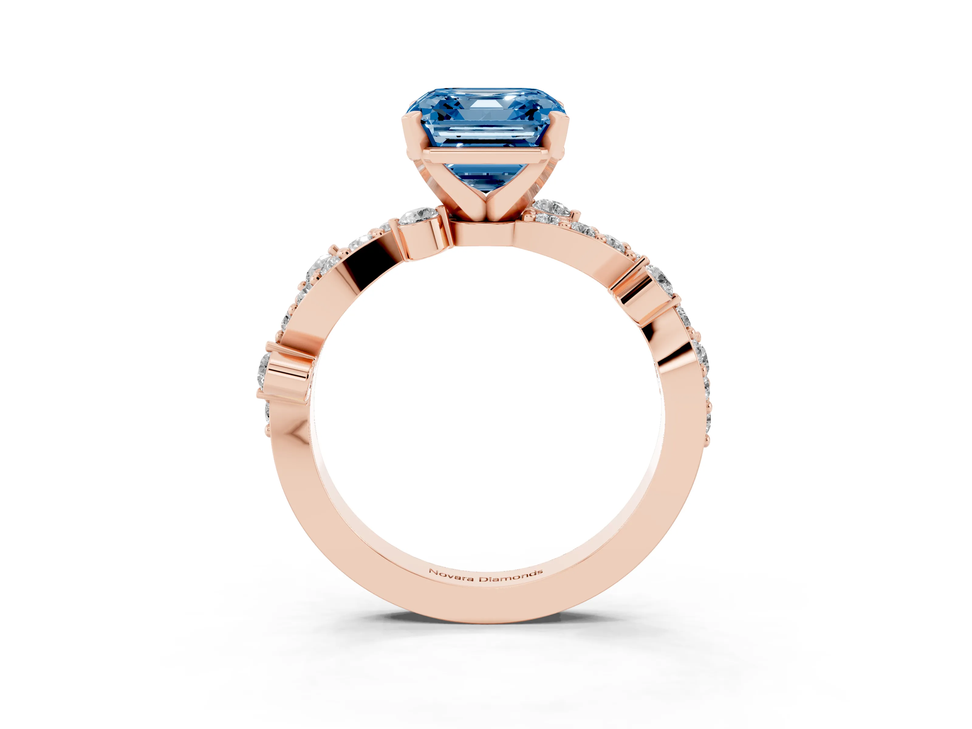 Fancy Blue Asscher Cut Diamond Solitaire Twisted Band Set in Rose gold with Pavé Setting