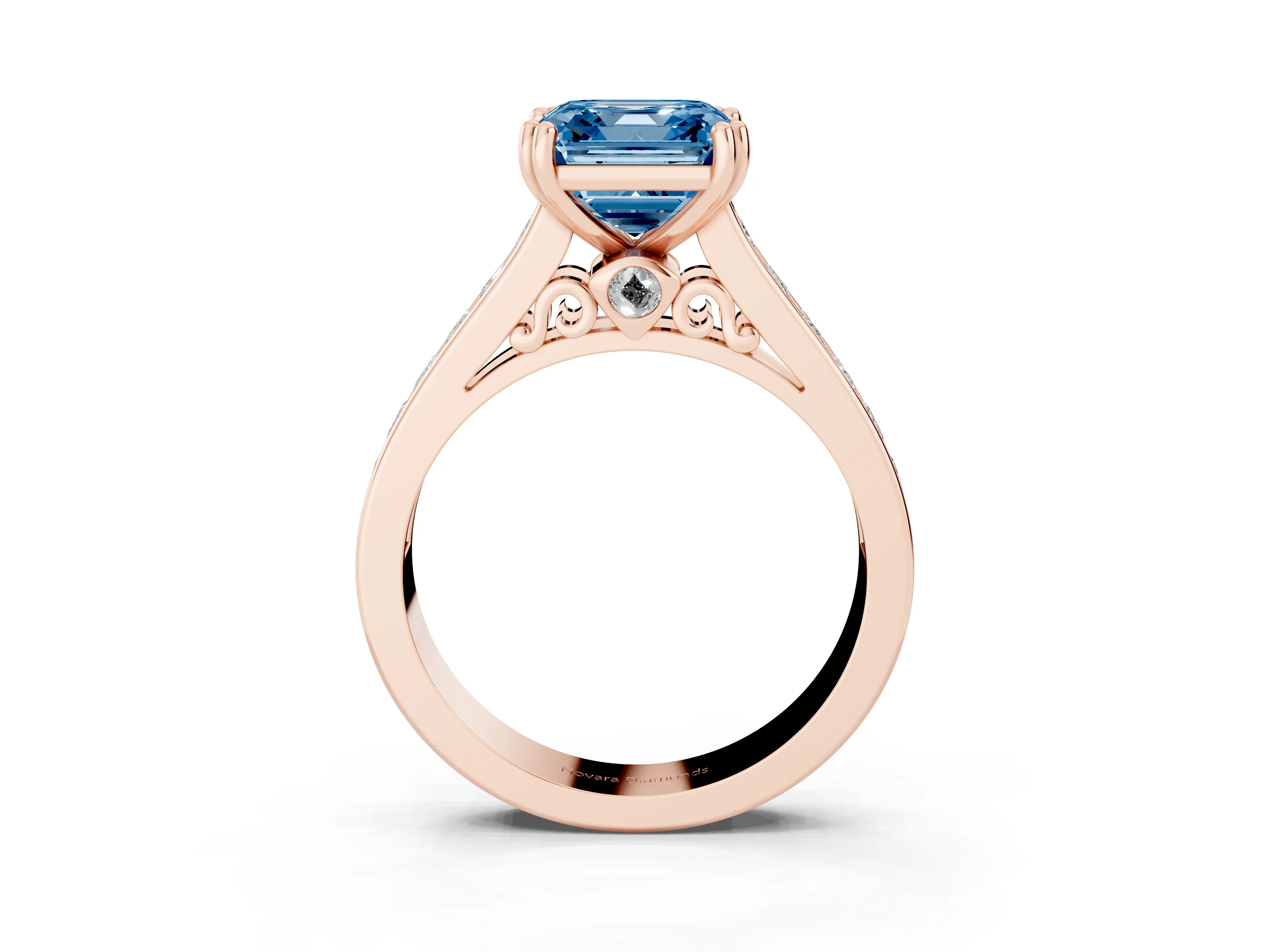 Fancy Blue Asscher Cut Diamond Channel Set Solitaire Engagement Ring Set in Rose gold with Prong Setting