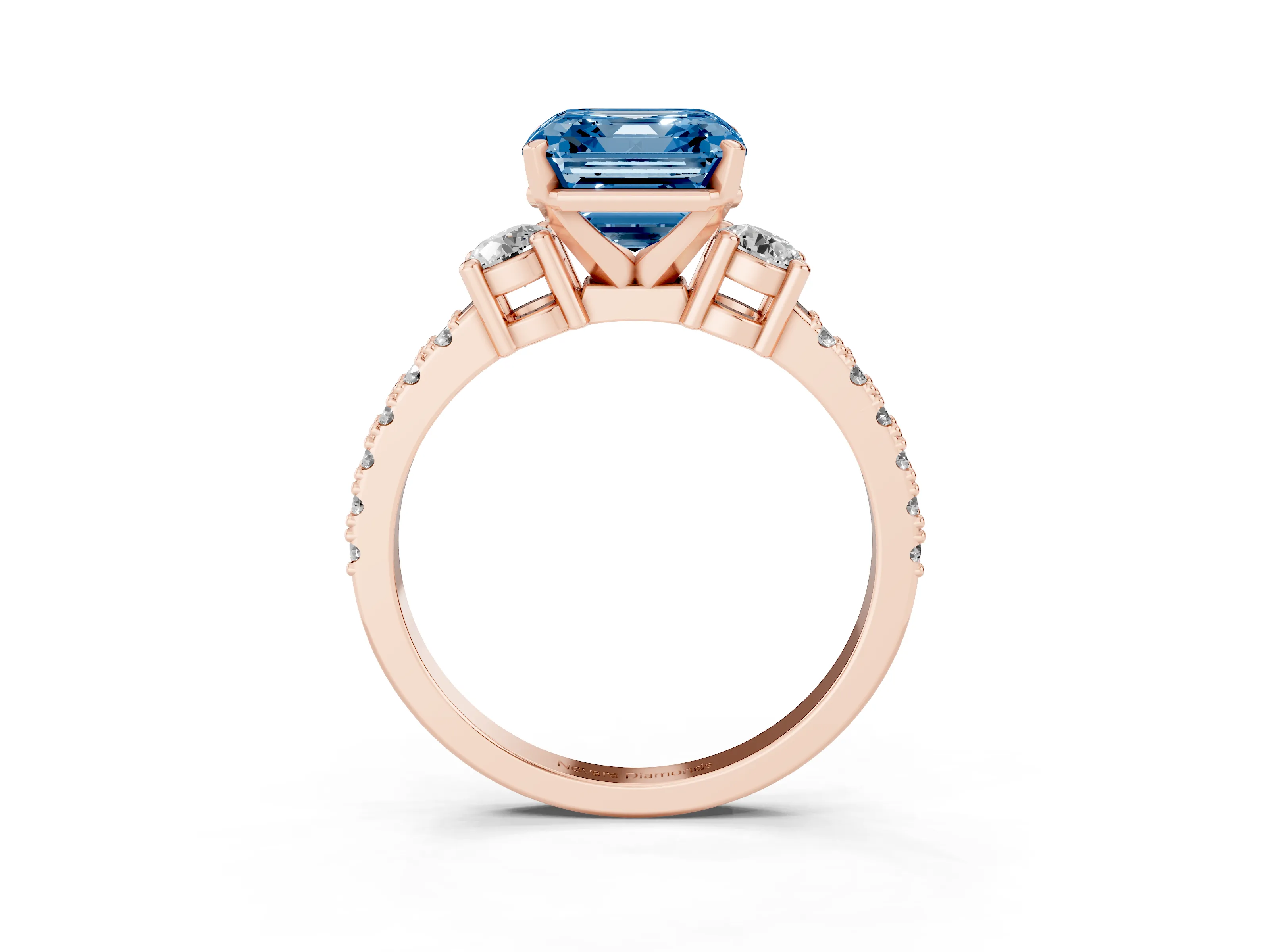 Fancy Blue Three-Stone Asscher Cut Diamond Pavé Band Ring Set in Rose gold with Prong Setting