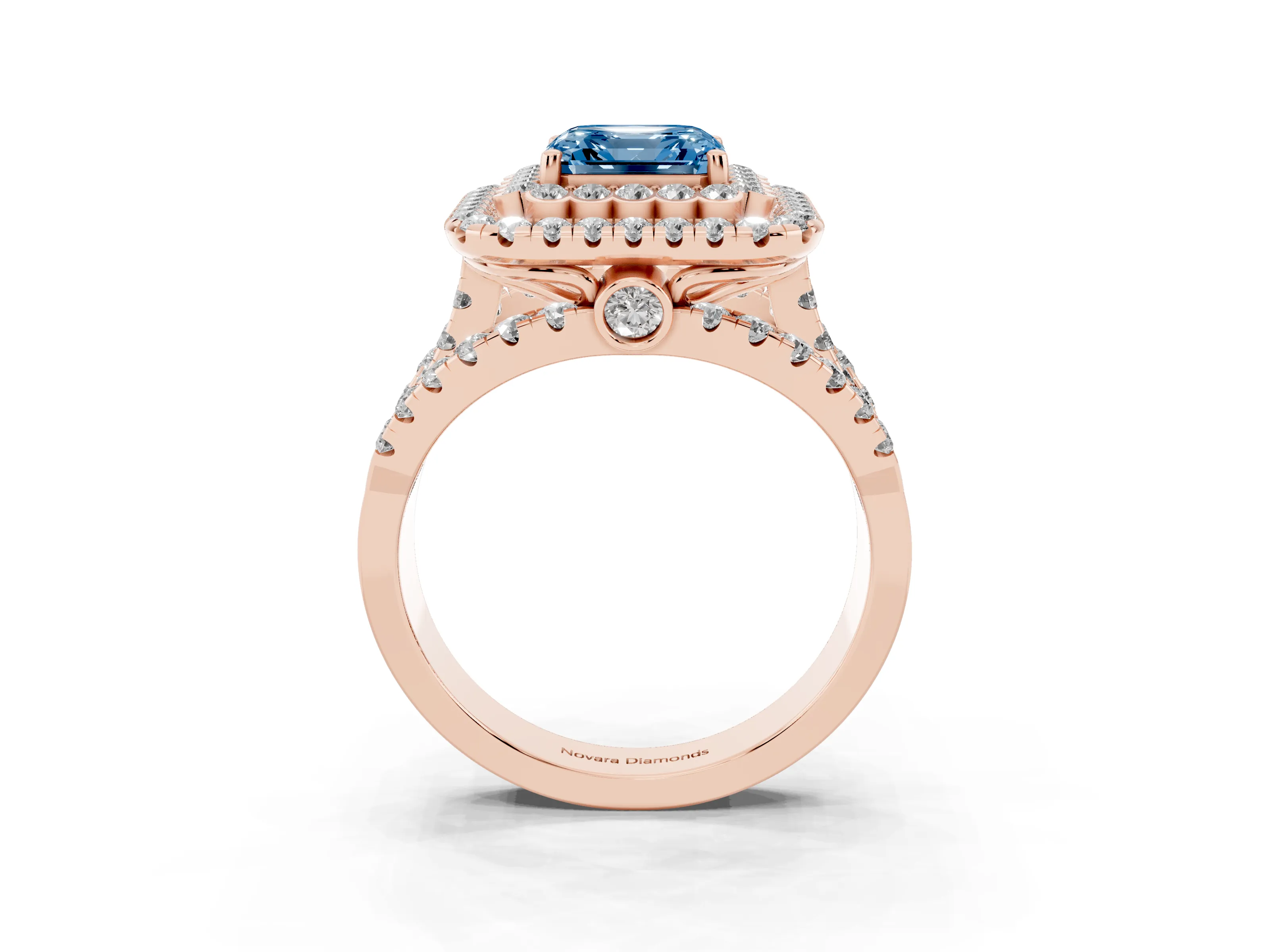 Fancy Blue Asscher Cut Diamond Double Halo Ring Set in Rose gold with Round Pavé Split Shank