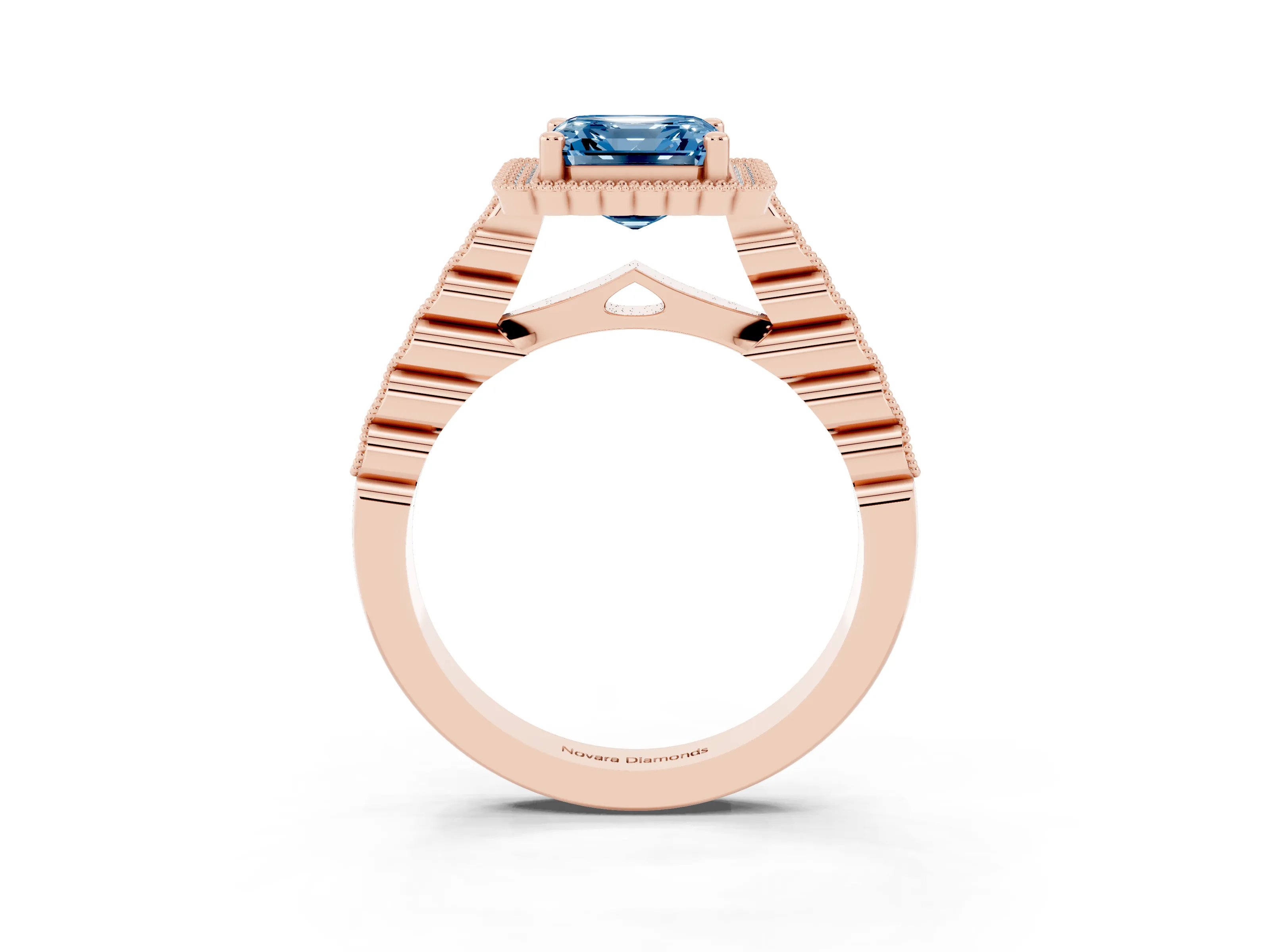 Fancy Blue Asscher Cut Diamond Halo Ring Set in Rose gold with Pavé Milgrain Band