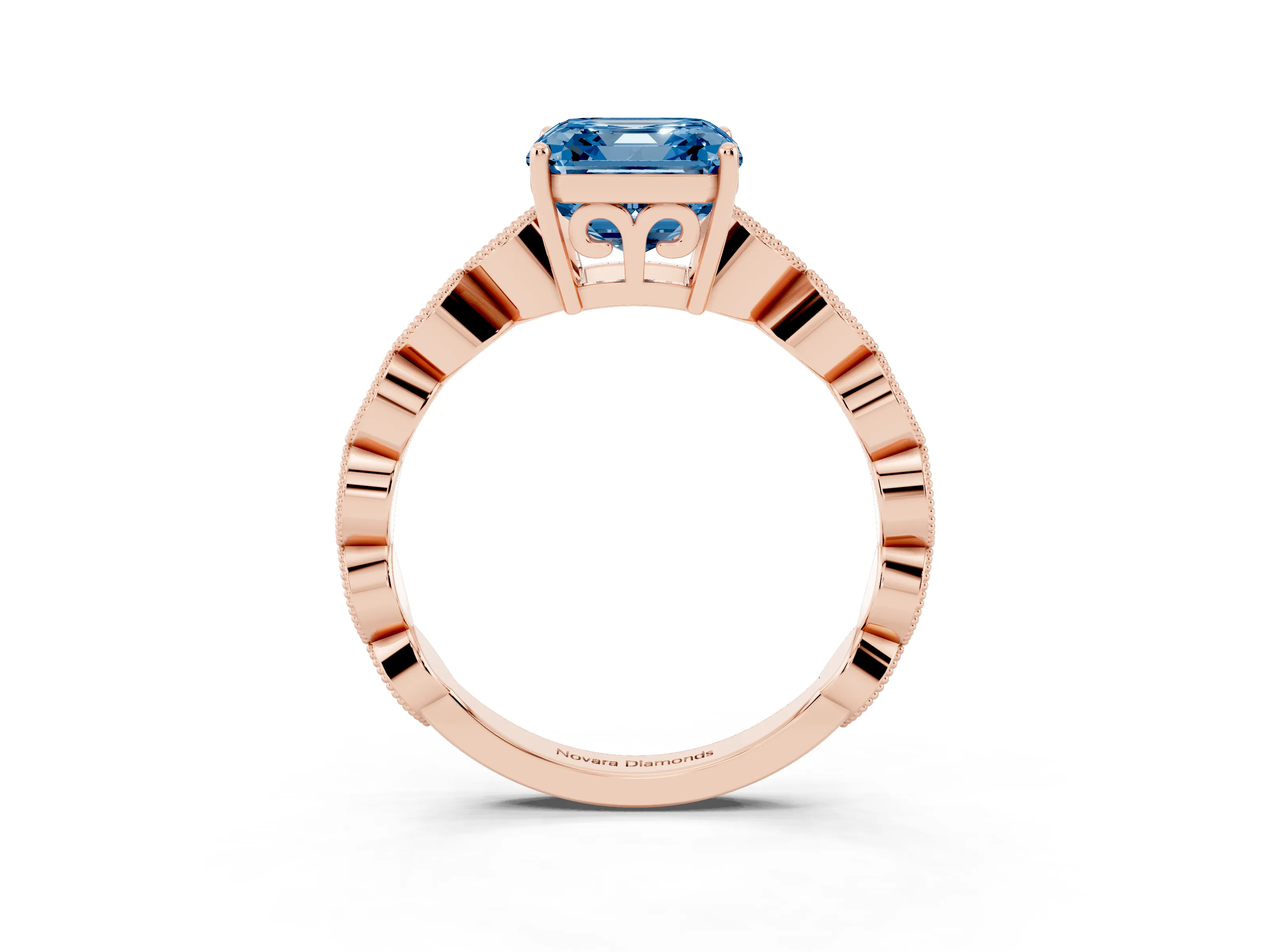 Fancy Blue Asscher Cut Diamond Solitaire Ring Set in Rose gold with Infinity Twist Pavé Band