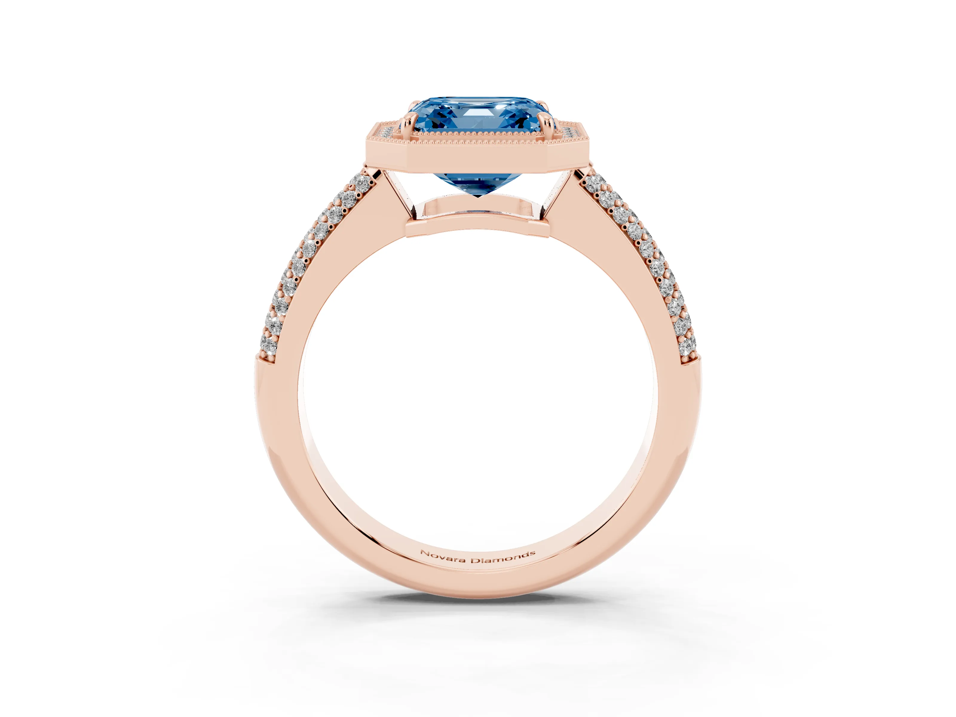 Fancy Blue Asscher Cut Diamond Halo Pavé Band Set in Rose gold with Prong Setting