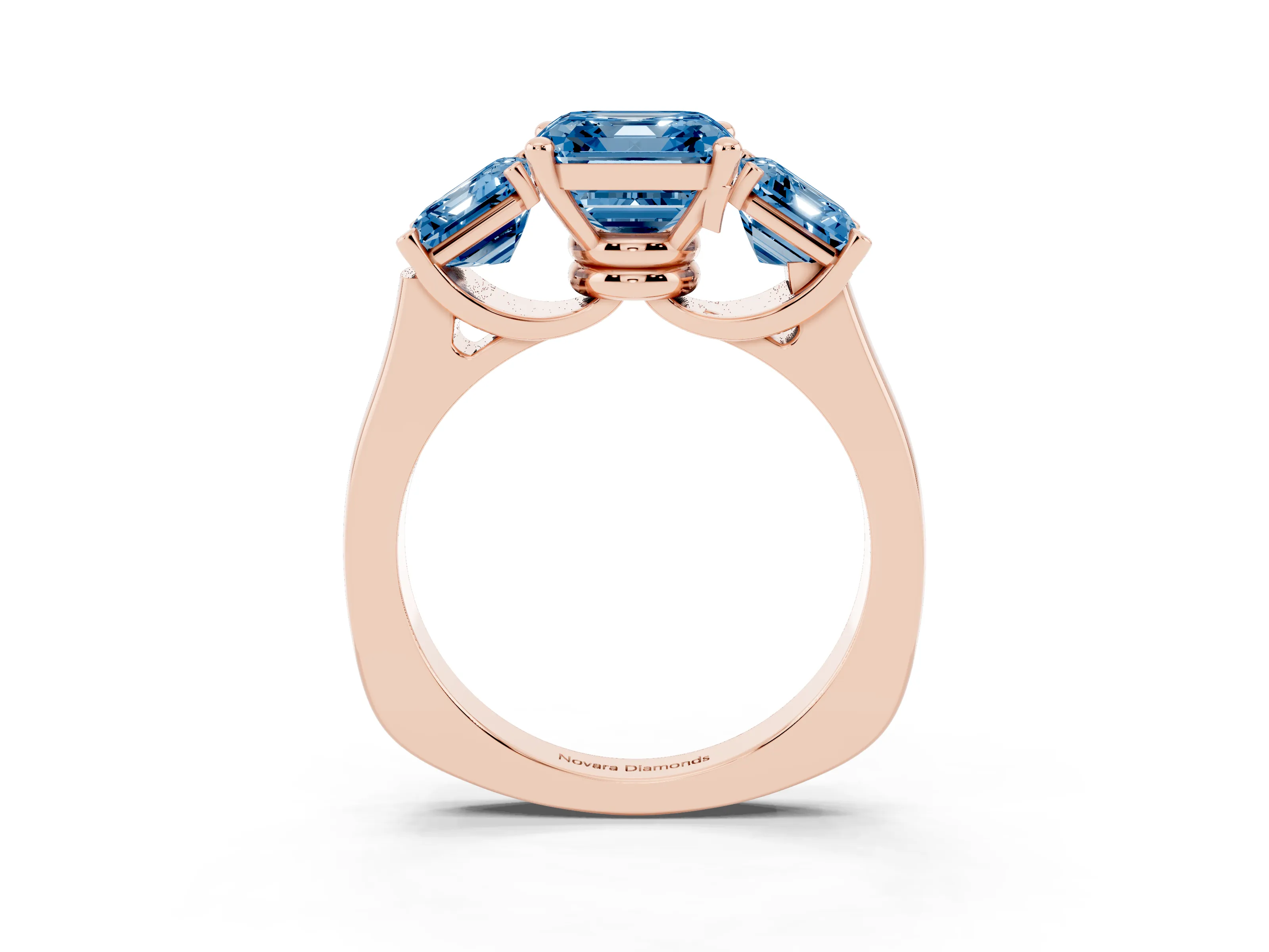 Fancy Blue Asscher Cut Diamond Three-Stone Trellis Ring Set in Rose gold with Comfort Fit Band