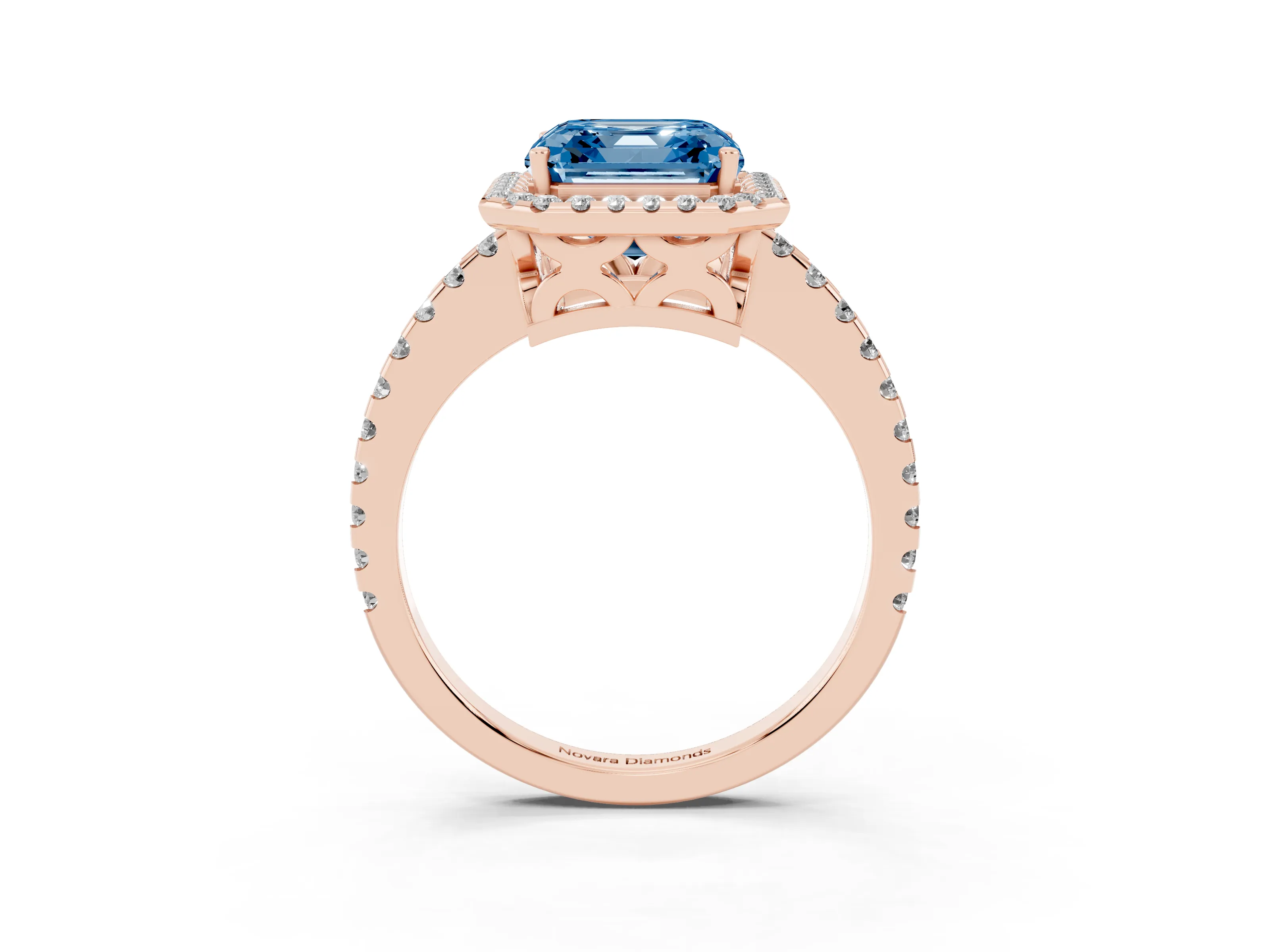 Fancy Blue Asscher Cut Diamond Halo Ring Set in Rose gold with Pavé Shoulders and Halo-Framed Center