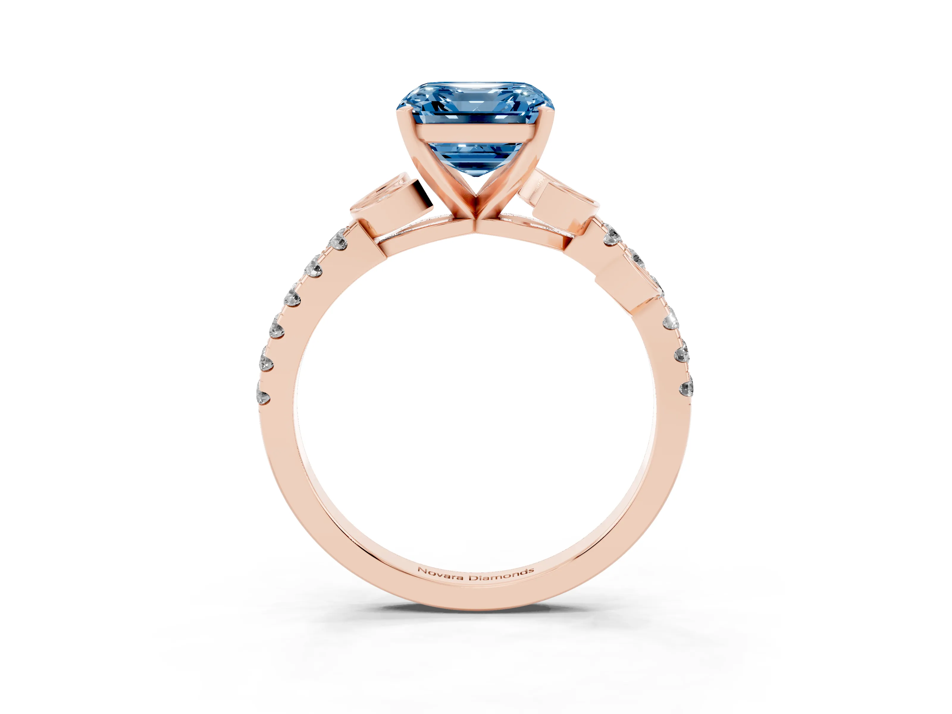 Fancy Blue Asscher Cut Diamond Solitaire Leaf-Inspired Ring Set in Rose gold with Pavé Band and Prong Setting