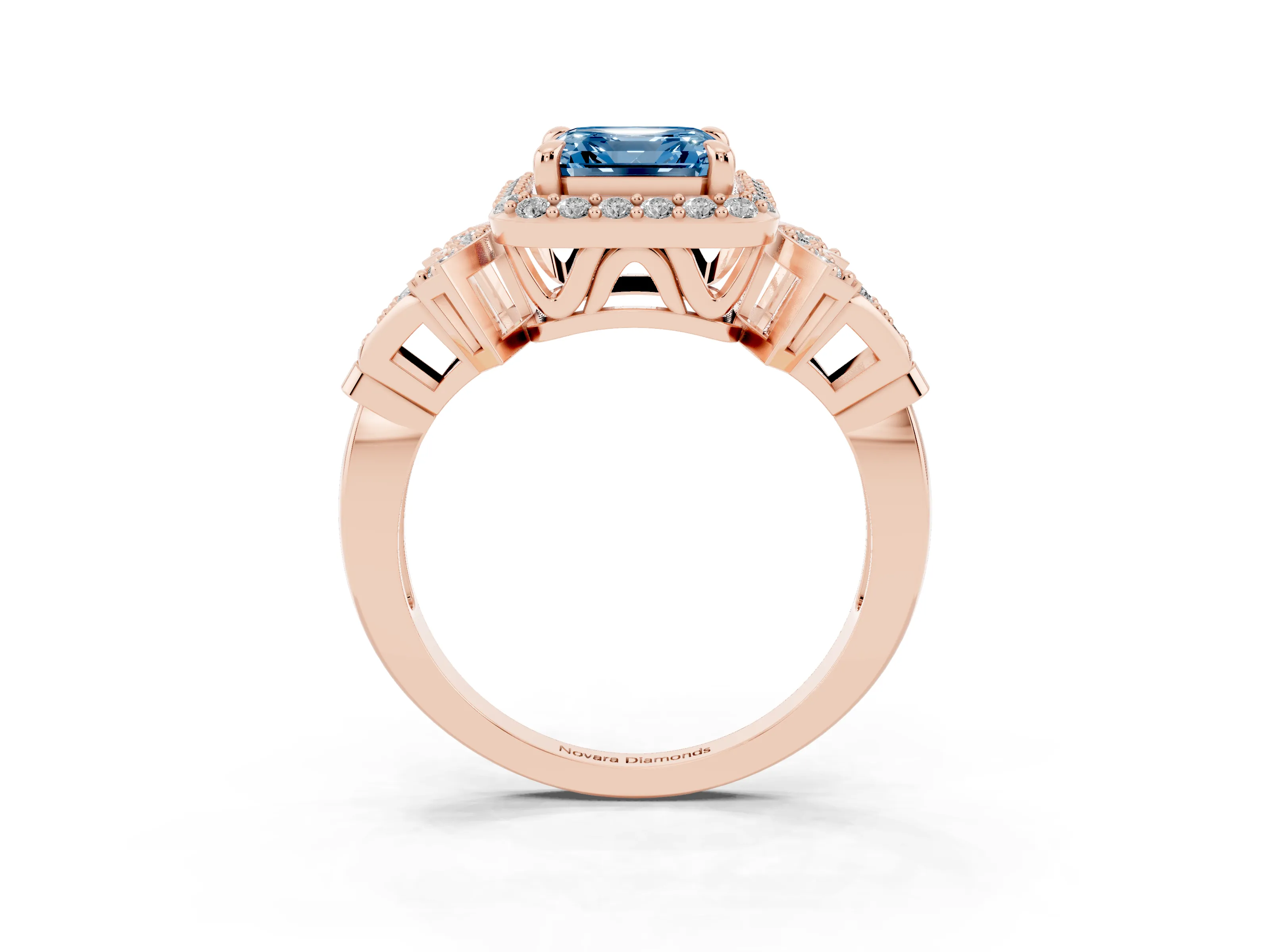 Fancy Blue Asscher Cut Diamond Halo Engagement Ring Set in Rose gold with Accent Stone Split Shank