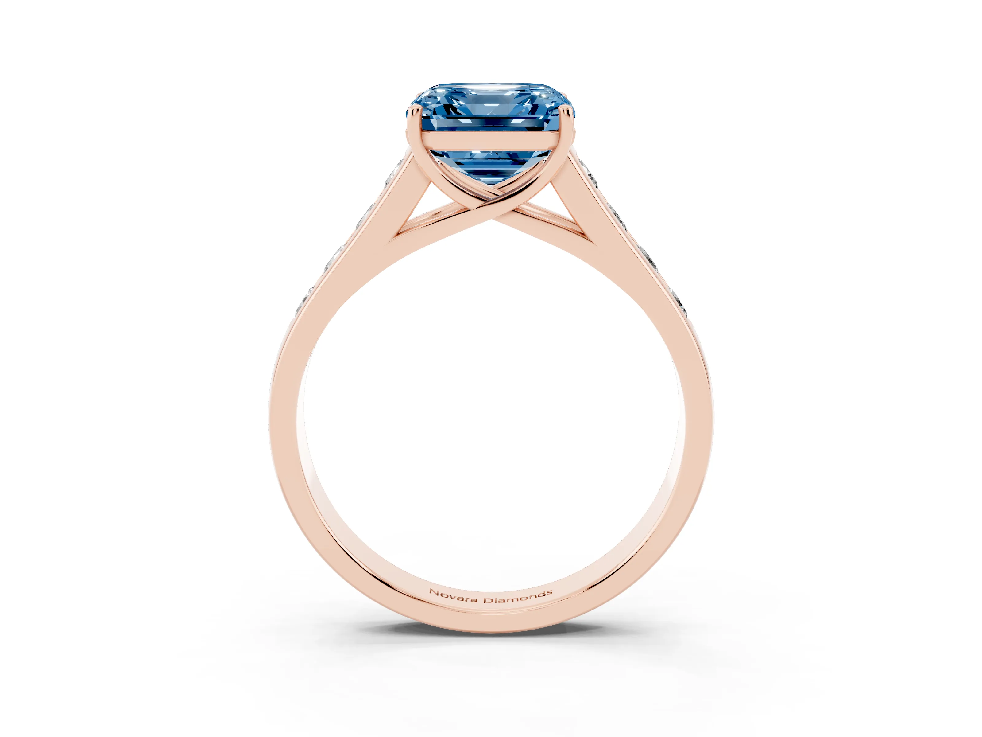 Fancy Blue Asscher Cut Diamond Brilliant Channel-Set Solitaire Ring Set in Rose gold with Prong Setting