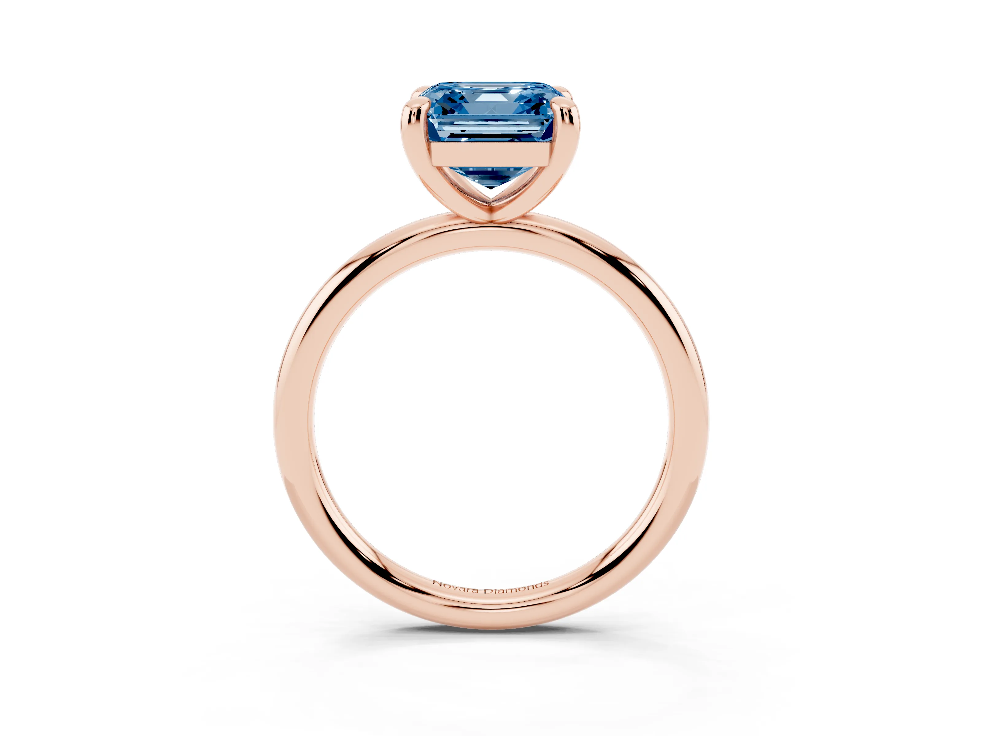 Fancy Blue Asscher Cut Diamond Solitaire Ring Set in Rose gold with Prong Setting on a Polished Plain Band