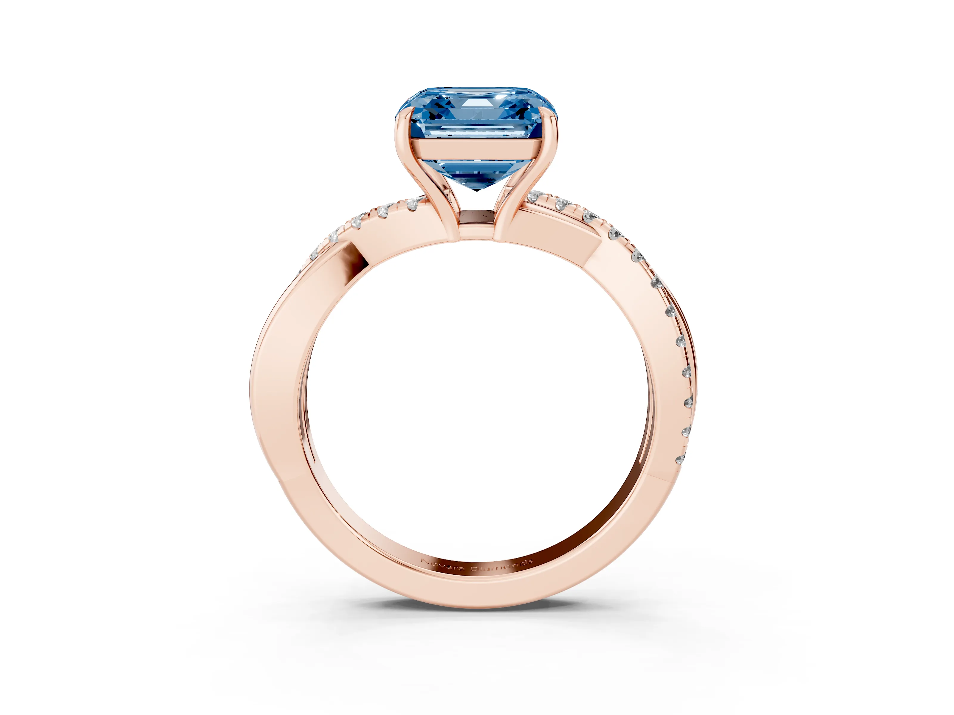 Fancy Blue Asscher Cut Diamond Twisted Pavé Band Ring Set in Rose gold with Prong Setting
