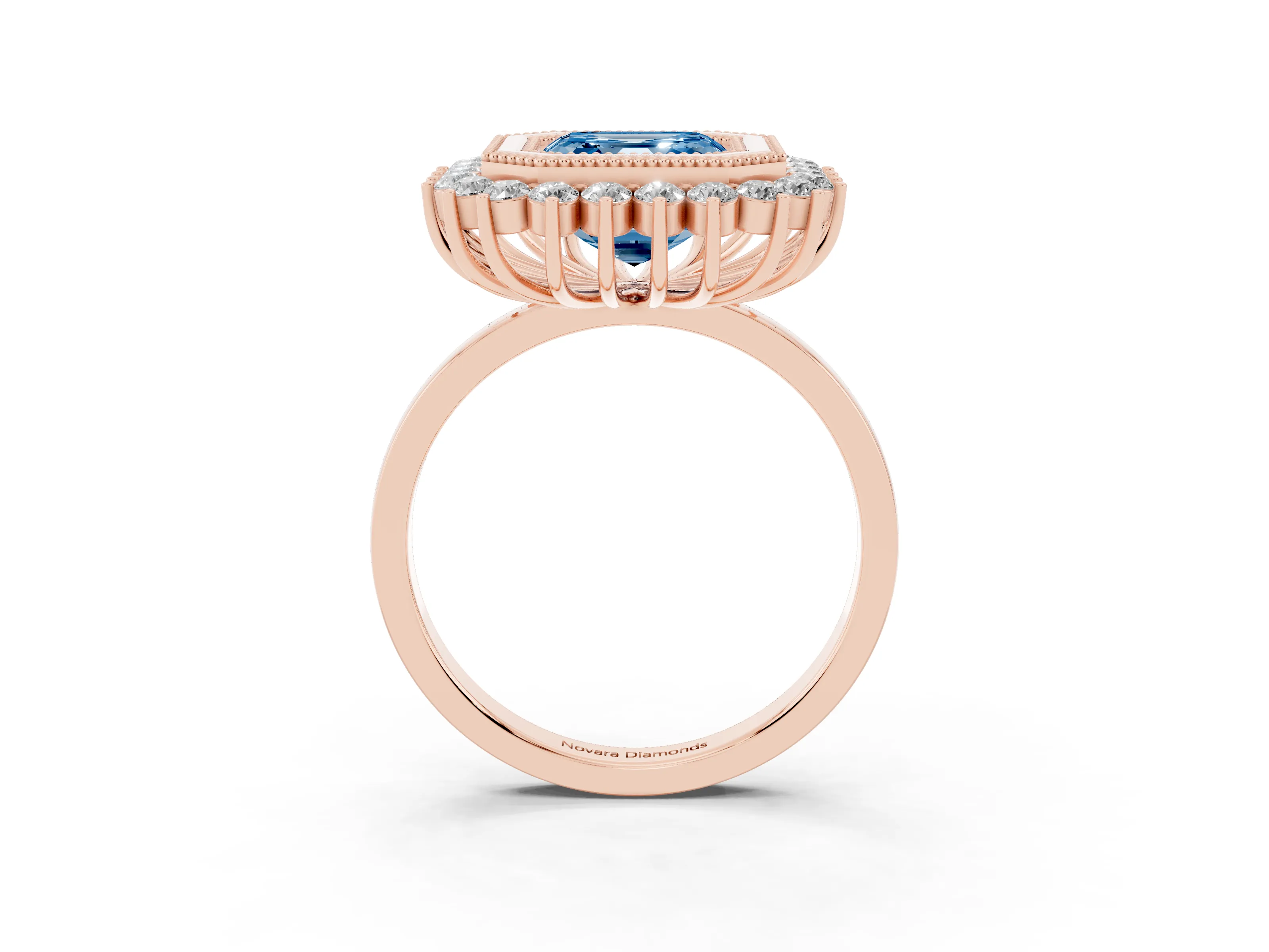 Fancy Blue Asscher Cut Diamond Halo Ring Set in Rose gold with Milgrain Edge and Round Prong Setting