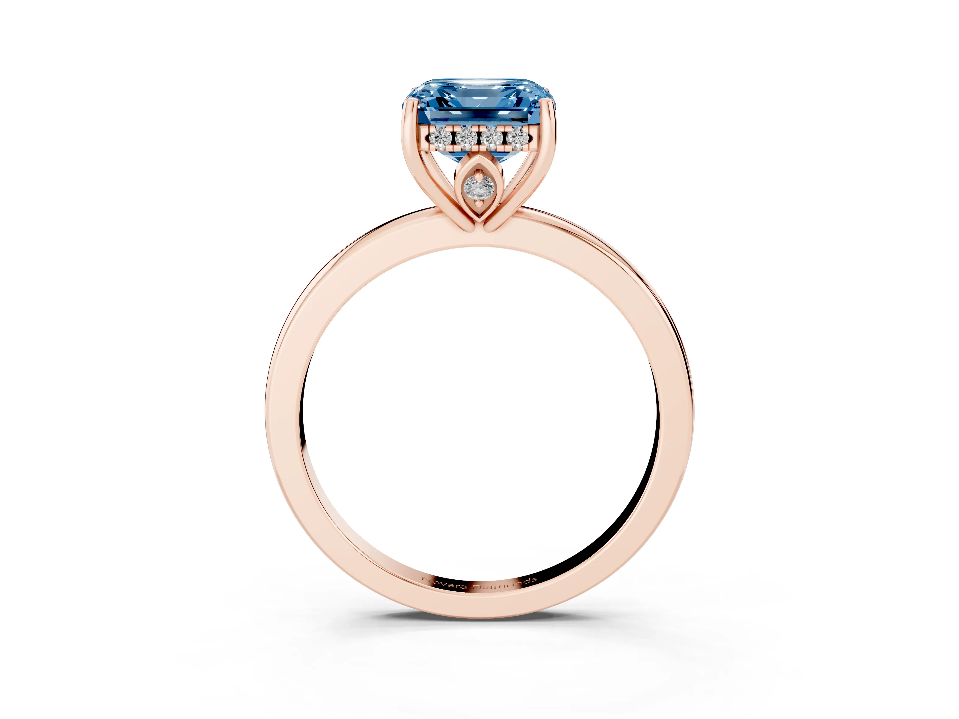 Fancy Blue Asscher Cut Diamond Solitaire Ring Set in Rose gold with Plain Band and Prong Setting
