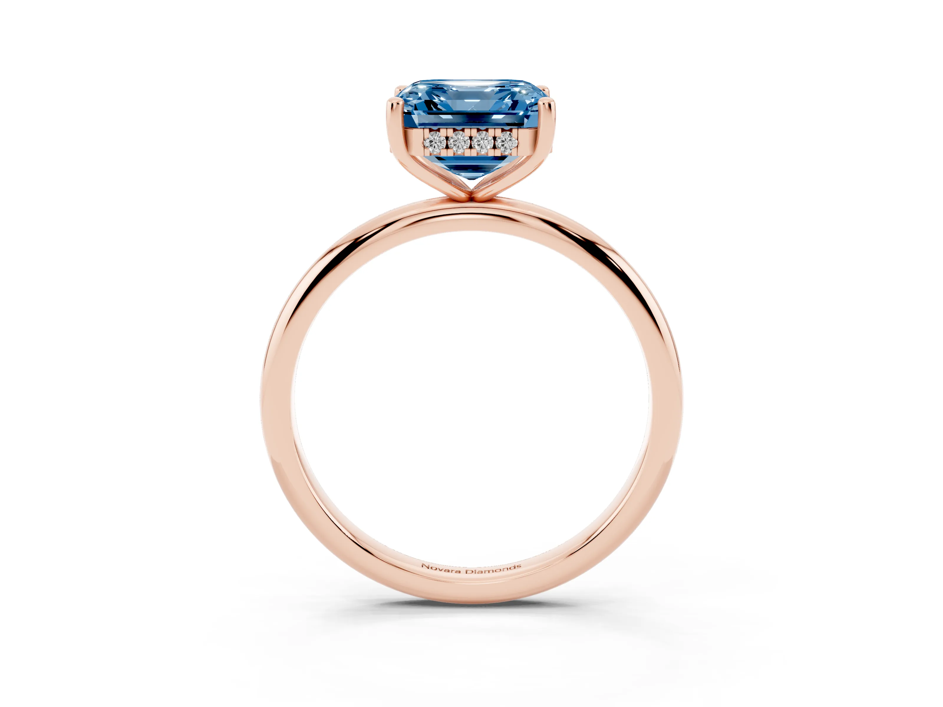 Fancy Blue Asscher Cut Diamond Solitaire Engagement Ring Set in Rose gold with Prong Setting and Polished Band