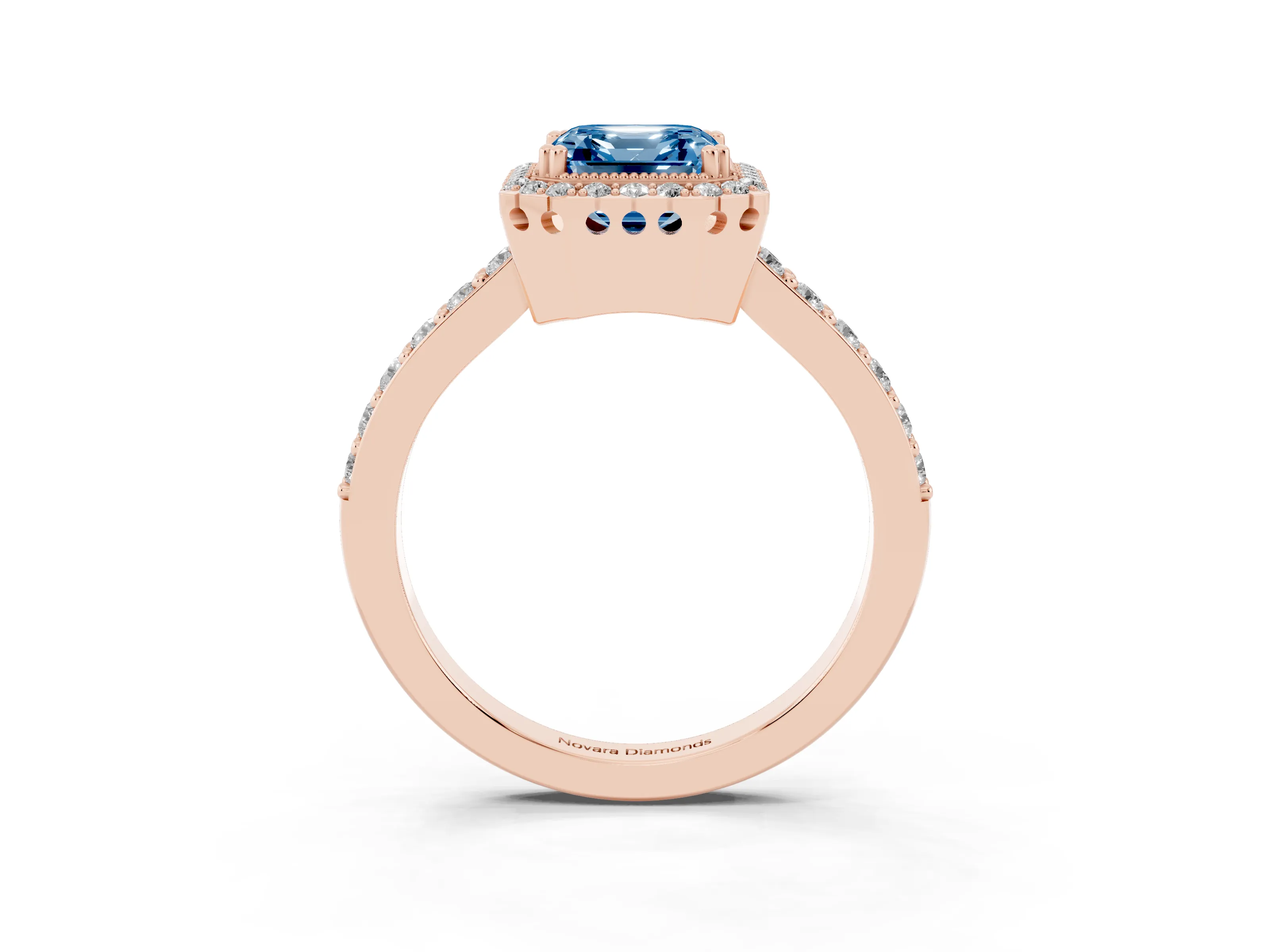 Fancy Blue Asscher Cut Diamond Halo Engagement Ring Set in Rose gold with Milgrain Detail and Pavé Band