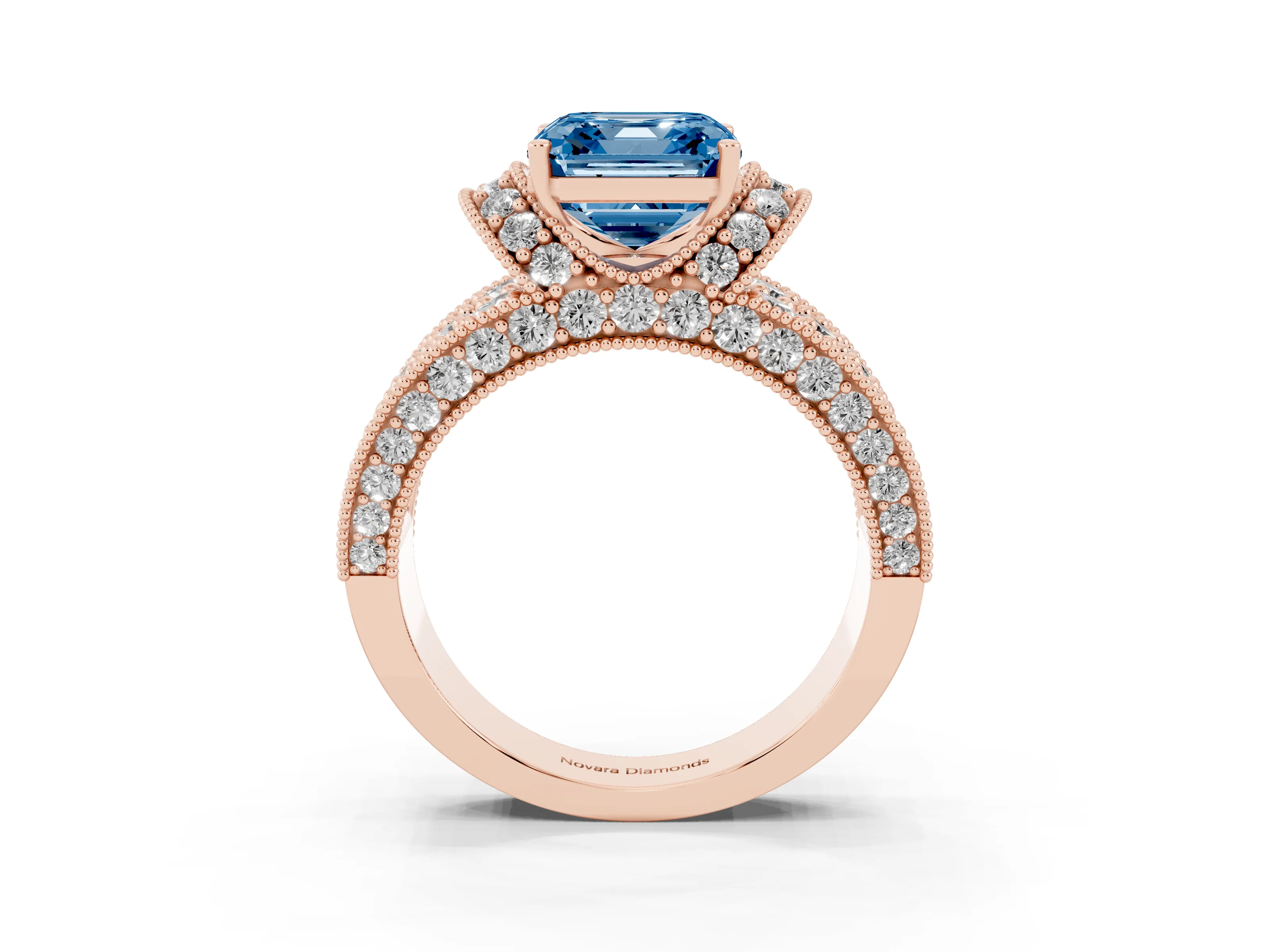 Fancy Blue Asscher Cut Diamond Milgrain Halo Pavé Engagement Ring Set in Rose gold with Prong Setting