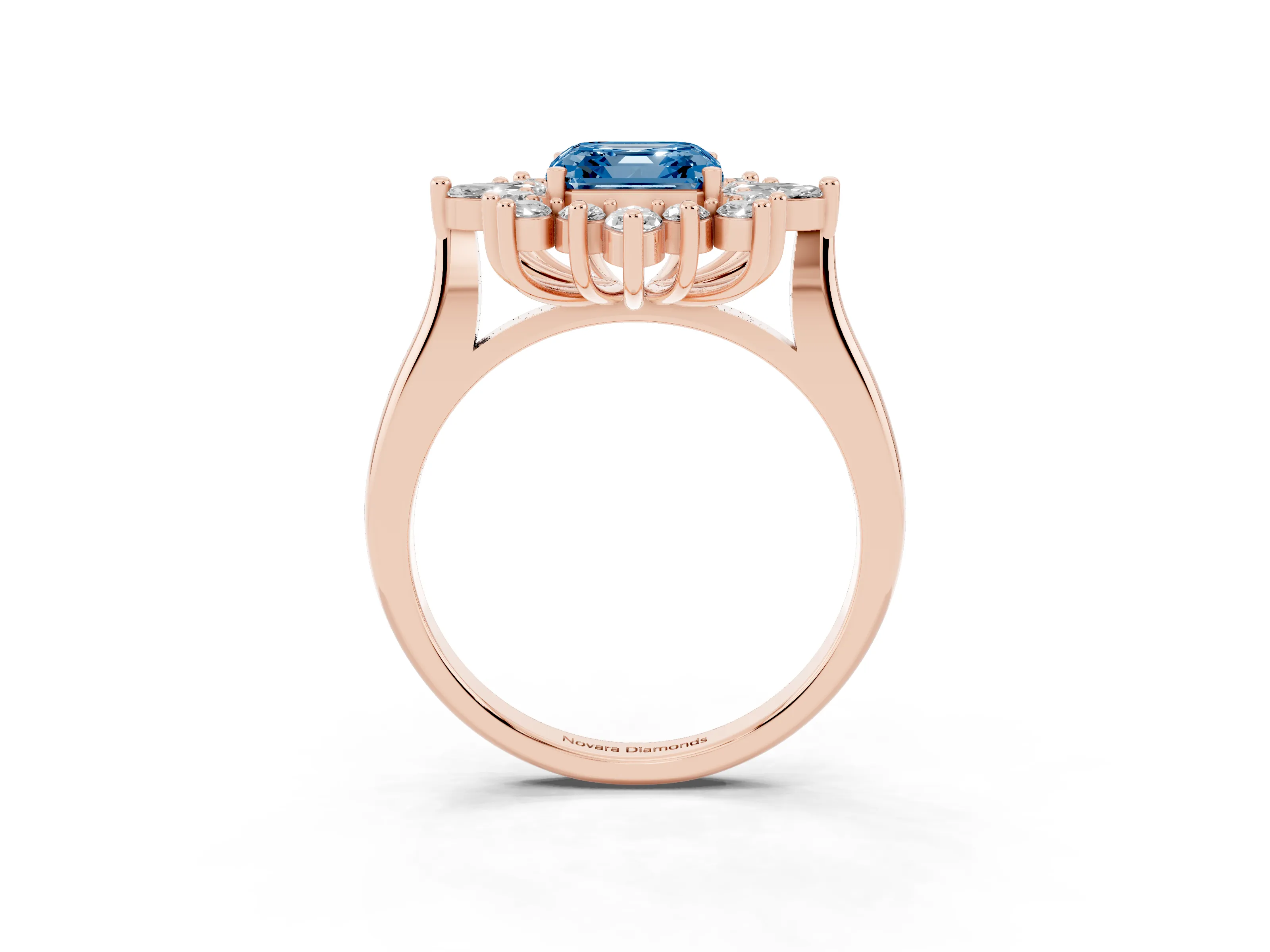 Fancy Blue Asscher Cut Diamond Cluster Halo Ring Set in Rose gold with Marquise and Round Accents
