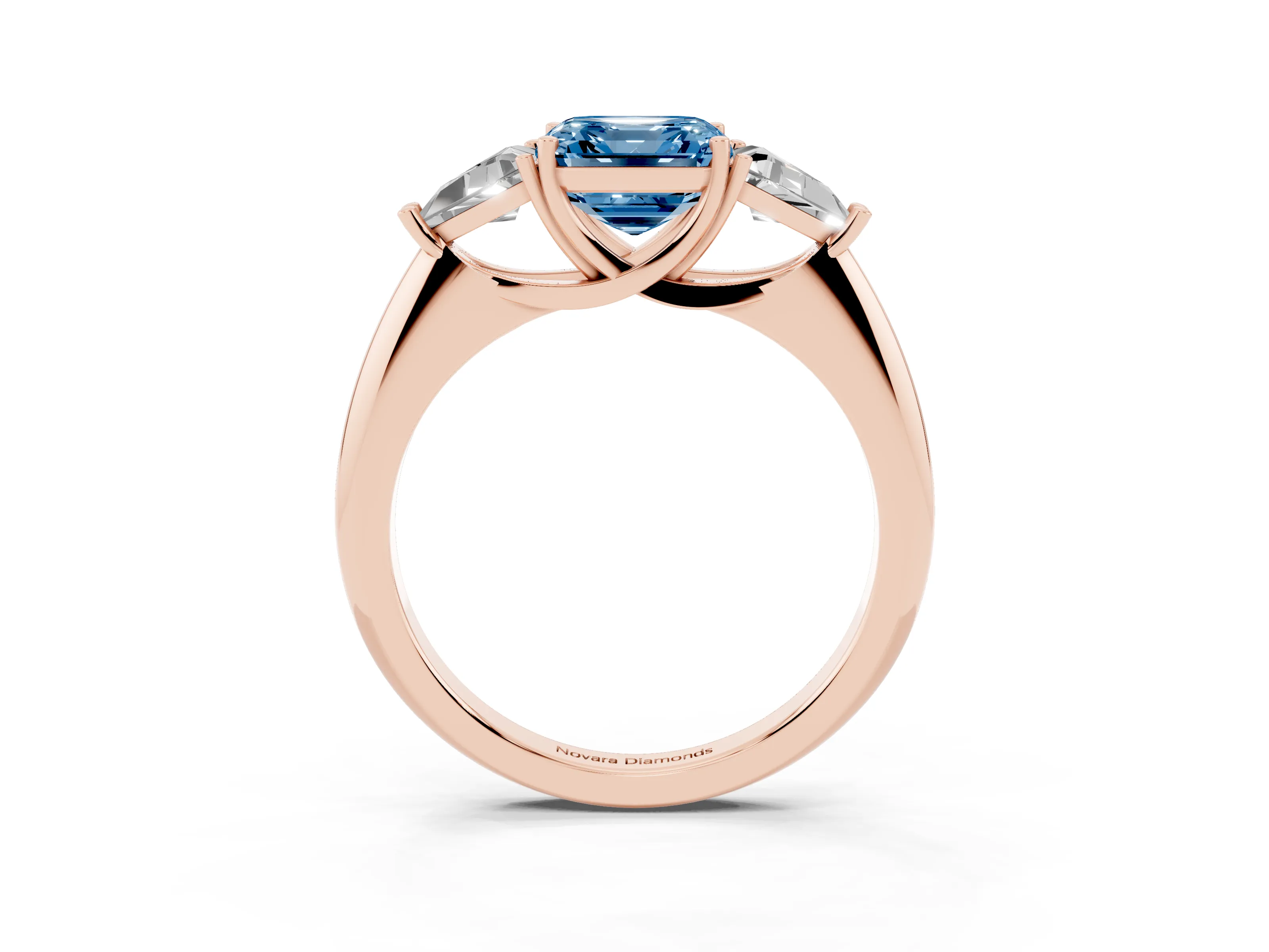 Fancy Blue Asscher Cut Diamond Three-Stone Engagement Ring Set in Rose gold with Trillion Side Stones