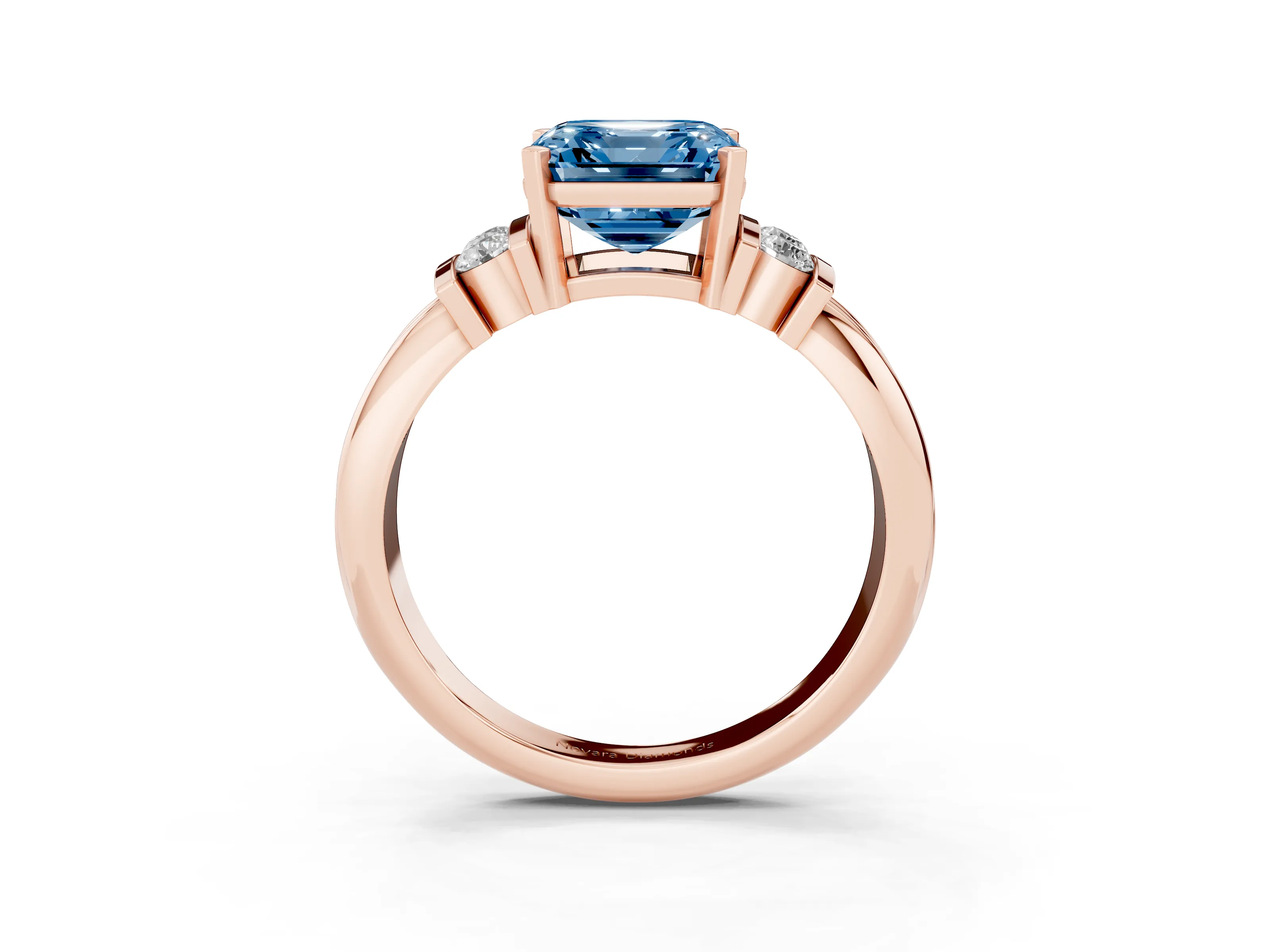 Fancy Blue Three-Stone Asscher Cut Diamond Channel Set Ring Set in Rose gold with Bar Prongs