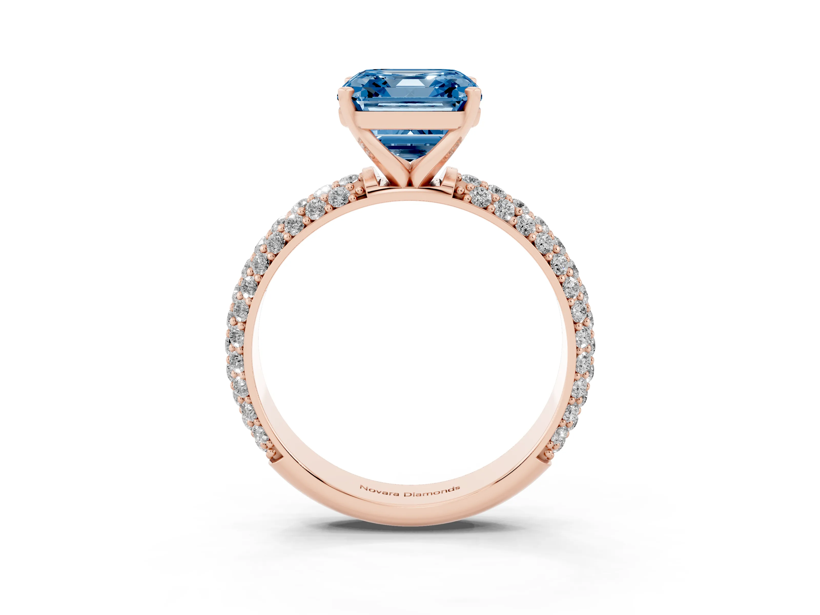 Fancy Blue Asscher Cut Diamond Solitaire Ring Set in Rose gold with Prong Setting and Pavé-Set Band