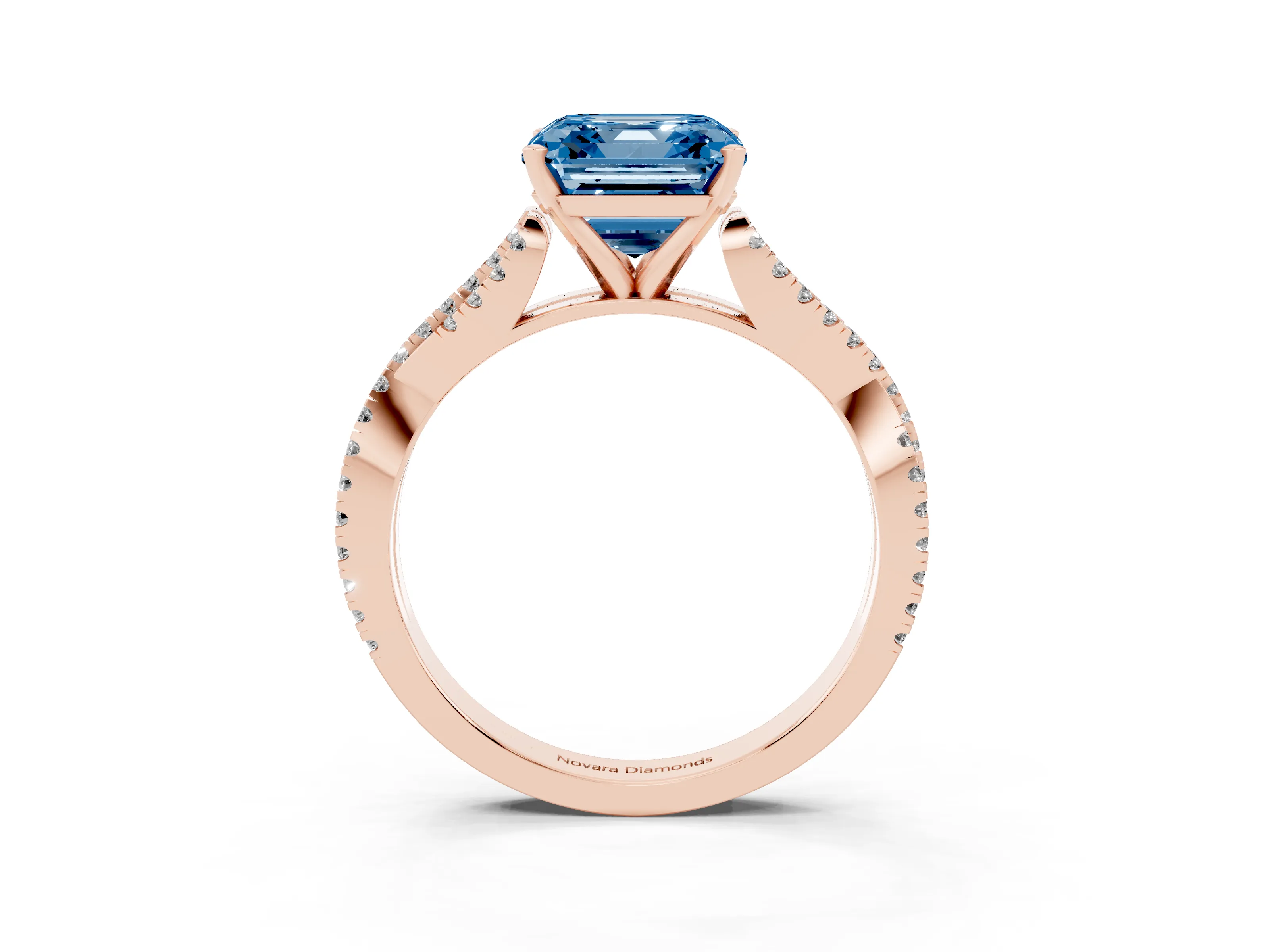 Fancy Blue Asscher Cut Diamond Solitaire Engagement Ring Set in Rose gold with Twisted Pavé Band and Prong Setting