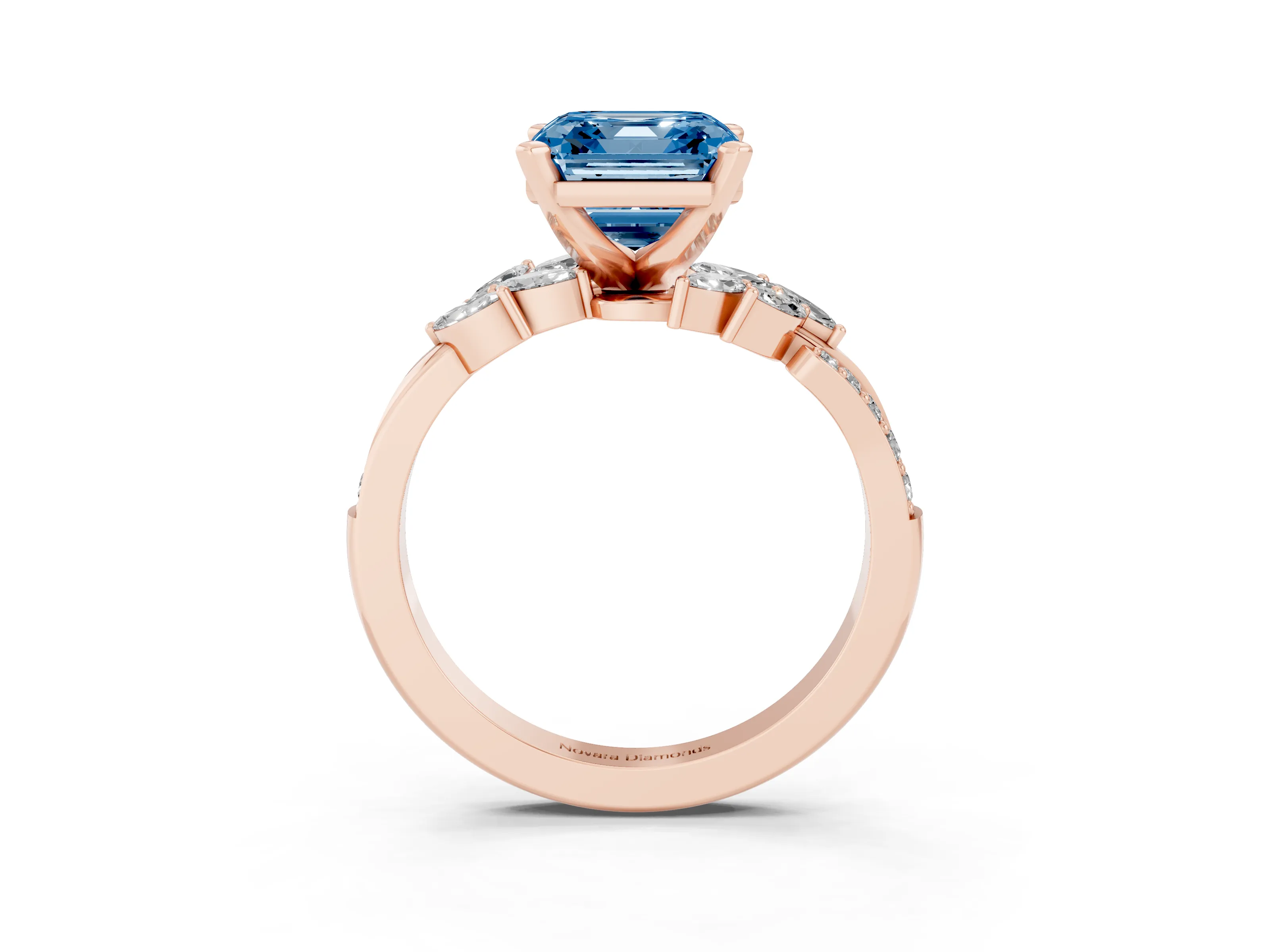 Fancy Blue Asscher Cut Diamond Solitaire Ring Set in Rose gold with Marquise Twist Band and Prong Setting