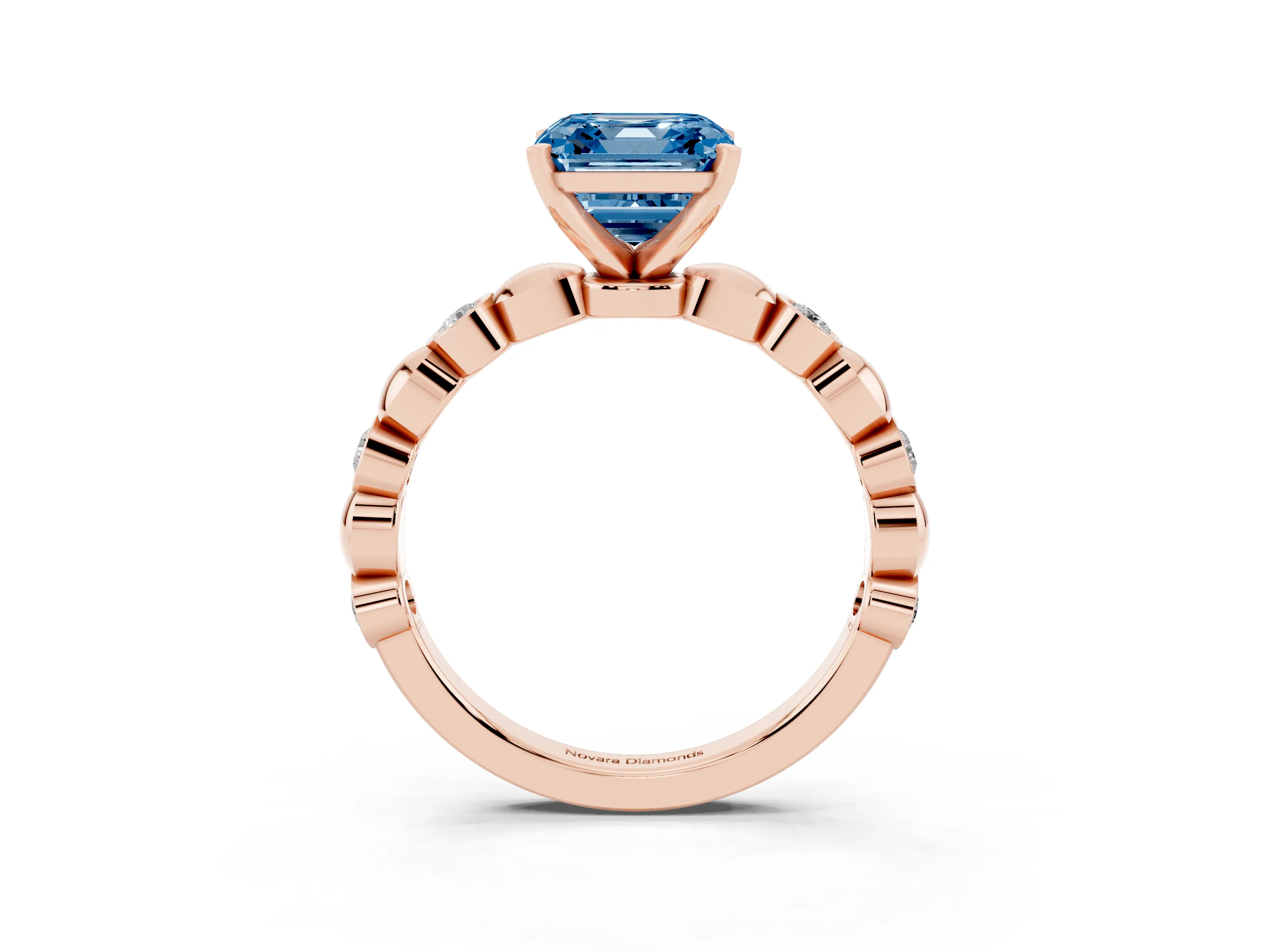 Fancy Blue Asscher Cut Diamond Solitaire Ring Set in Rose gold with Bezel-Set Accents on Beaded Band and Prong Setting